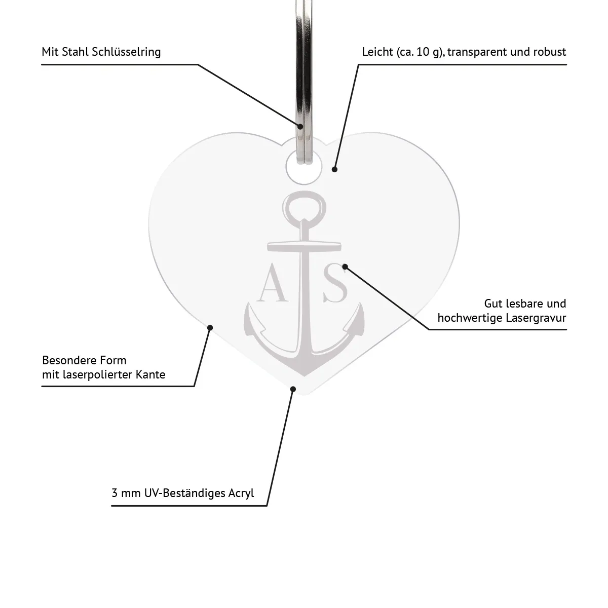 Personalisierter Acrylglas Schlüsselanhänger als Herz - Anker