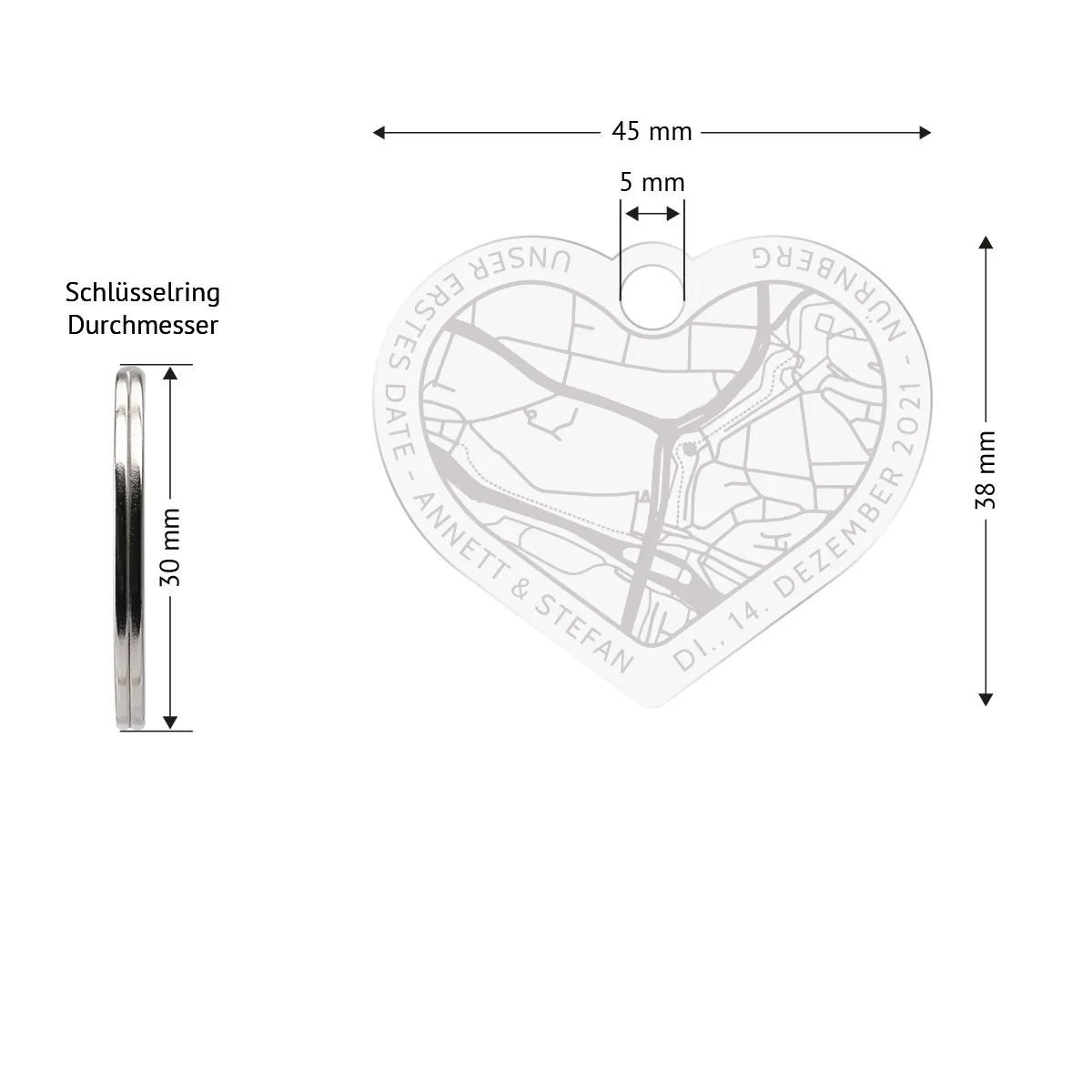 Personalisierter Acrylglas Schlüsselanhänger als Herz - Kartenadresse