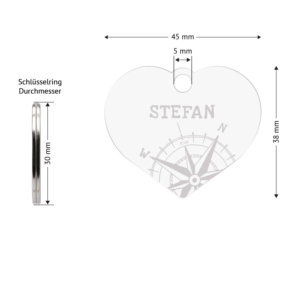 Personalisierter Acrylglas Schlüsselanhänger als Herz - Kompass