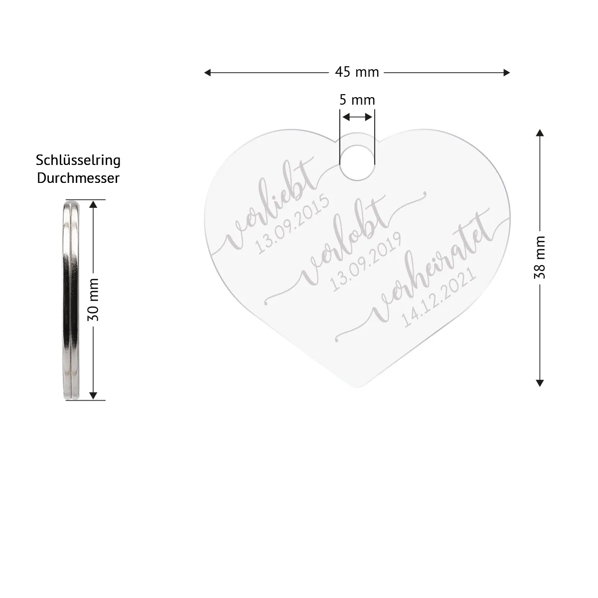 Personalisierter Acrylglas Schlüsselanhänger als Herz - verliebt verlobt verheiratet
