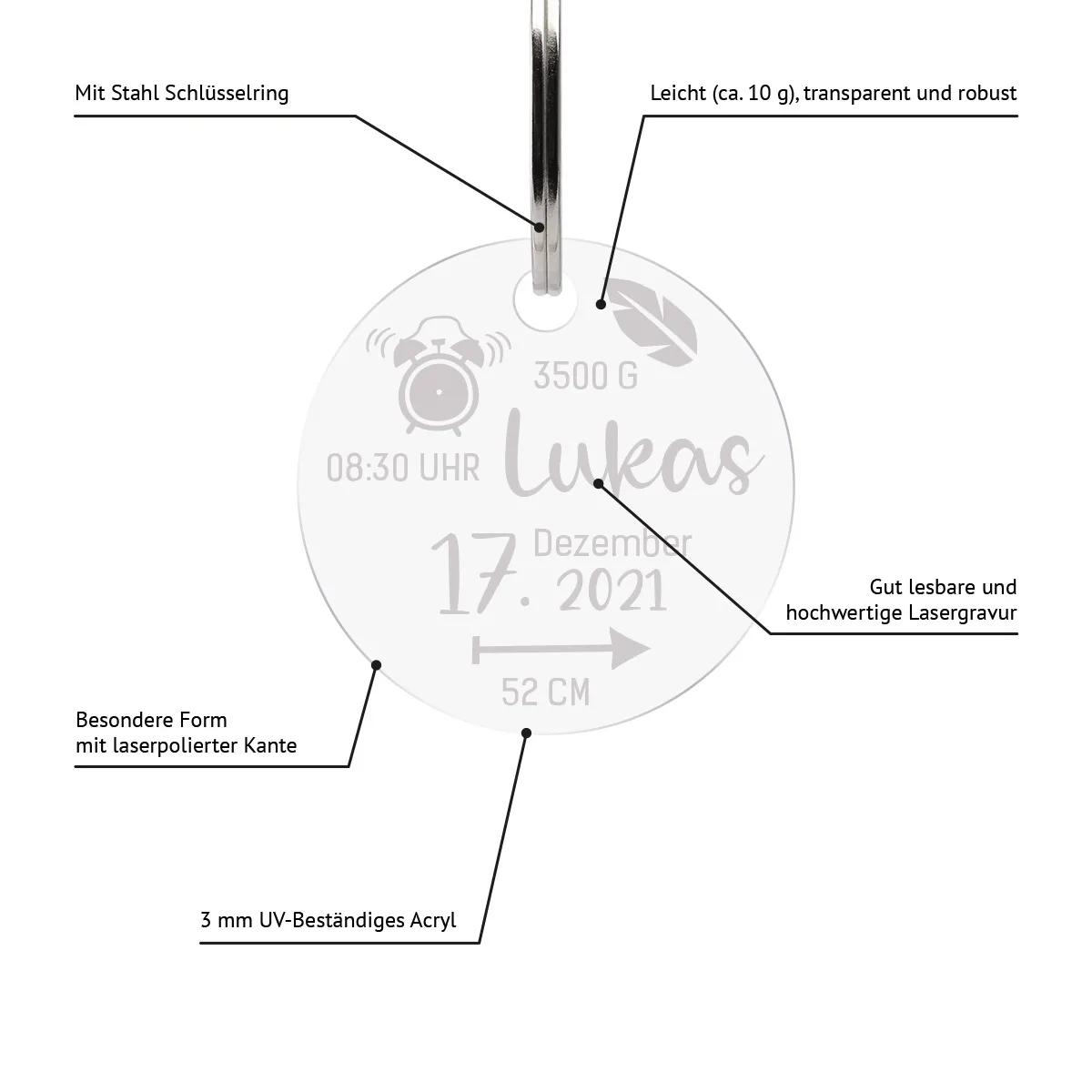 Personalisierter Acrylglas Schlüsselanhänger als Kreis - Icon Geburtsdaten