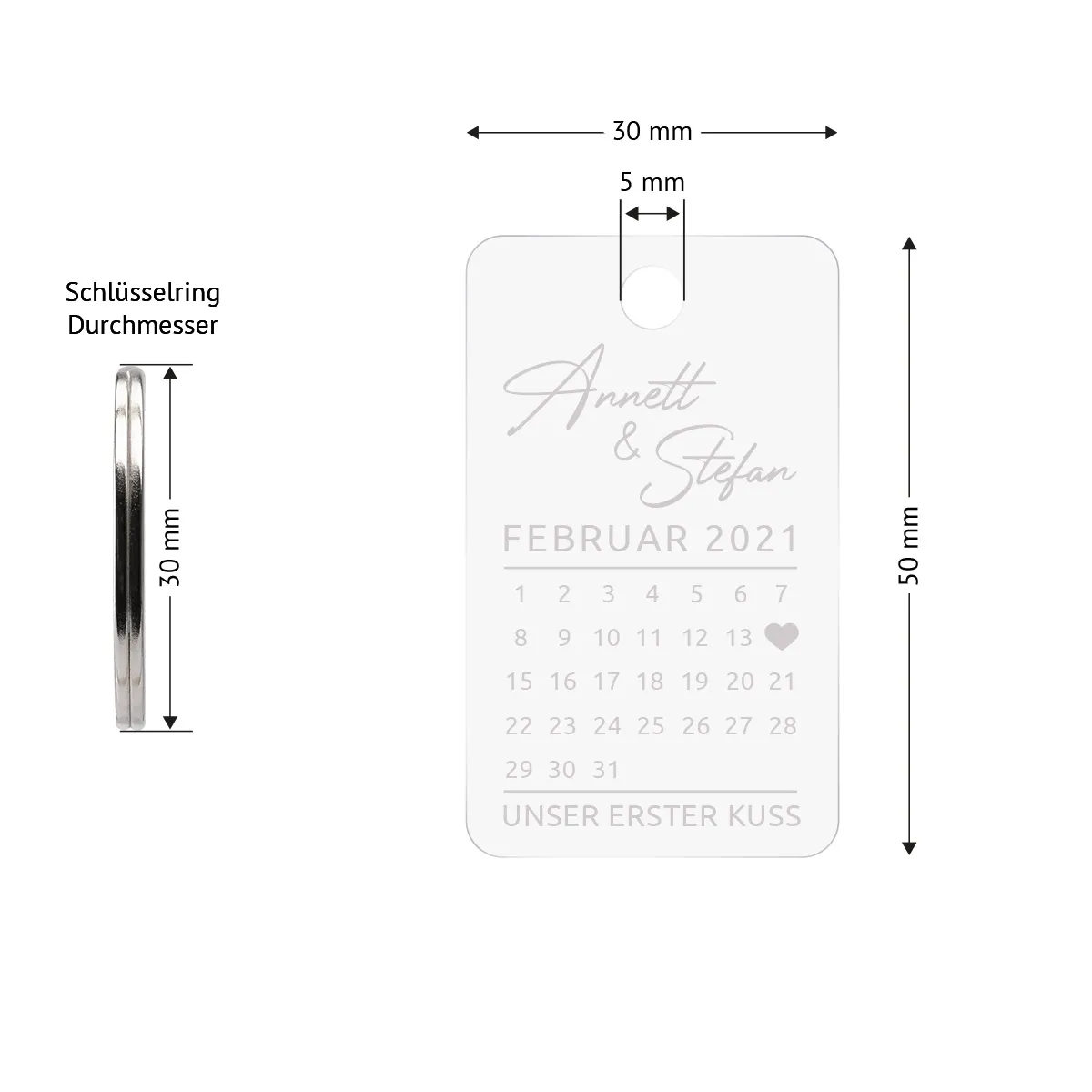Personalisierter Acrylglas Schlüsselanhänger als Rechteck - Kalender erster Kuss