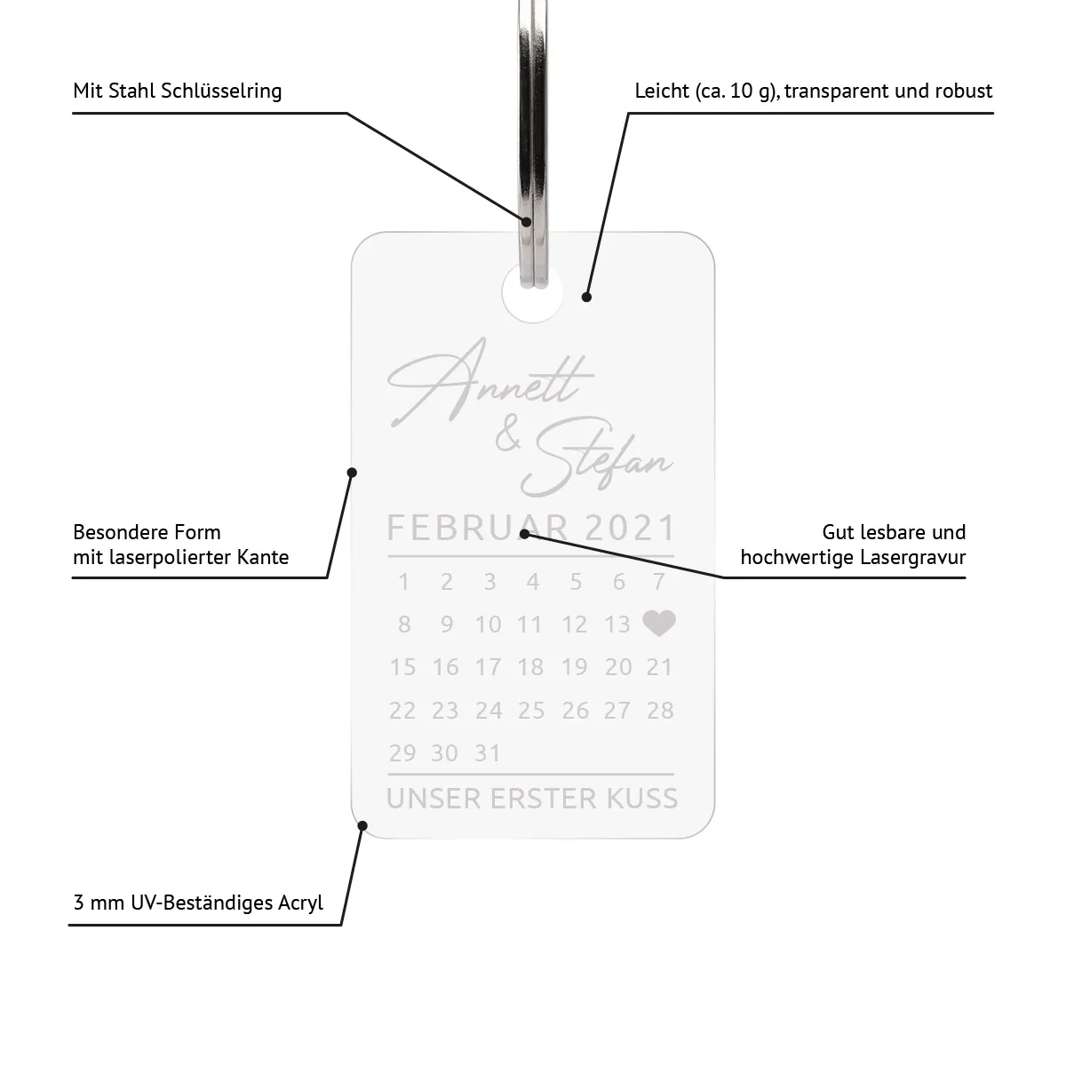 Personalisierter Acrylglas Schlüsselanhänger als Rechteck - Kalender erster Kuss