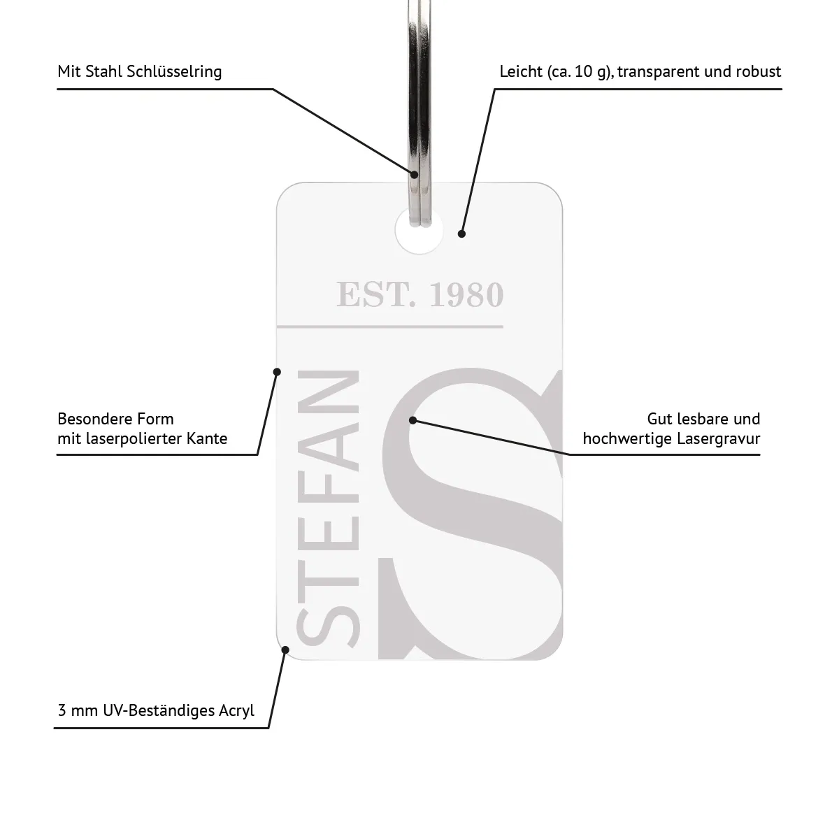 Personalisierter Acrylglas Schlüsselanhänger als Rechteck - Schlichte Initialen