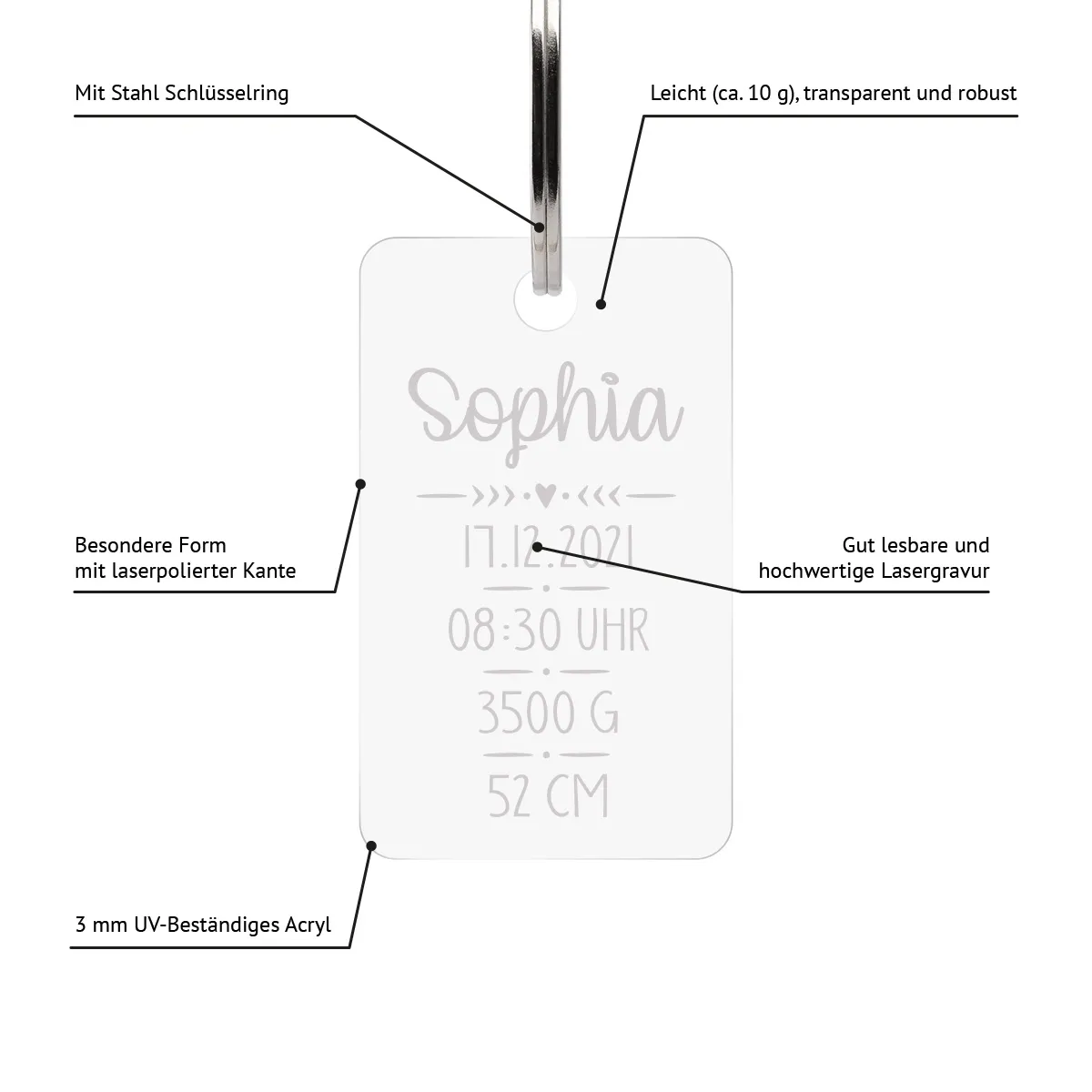 Personalisierter Acrylglas Schlüsselanhänger als Rechteck - Text Geburtsdaten