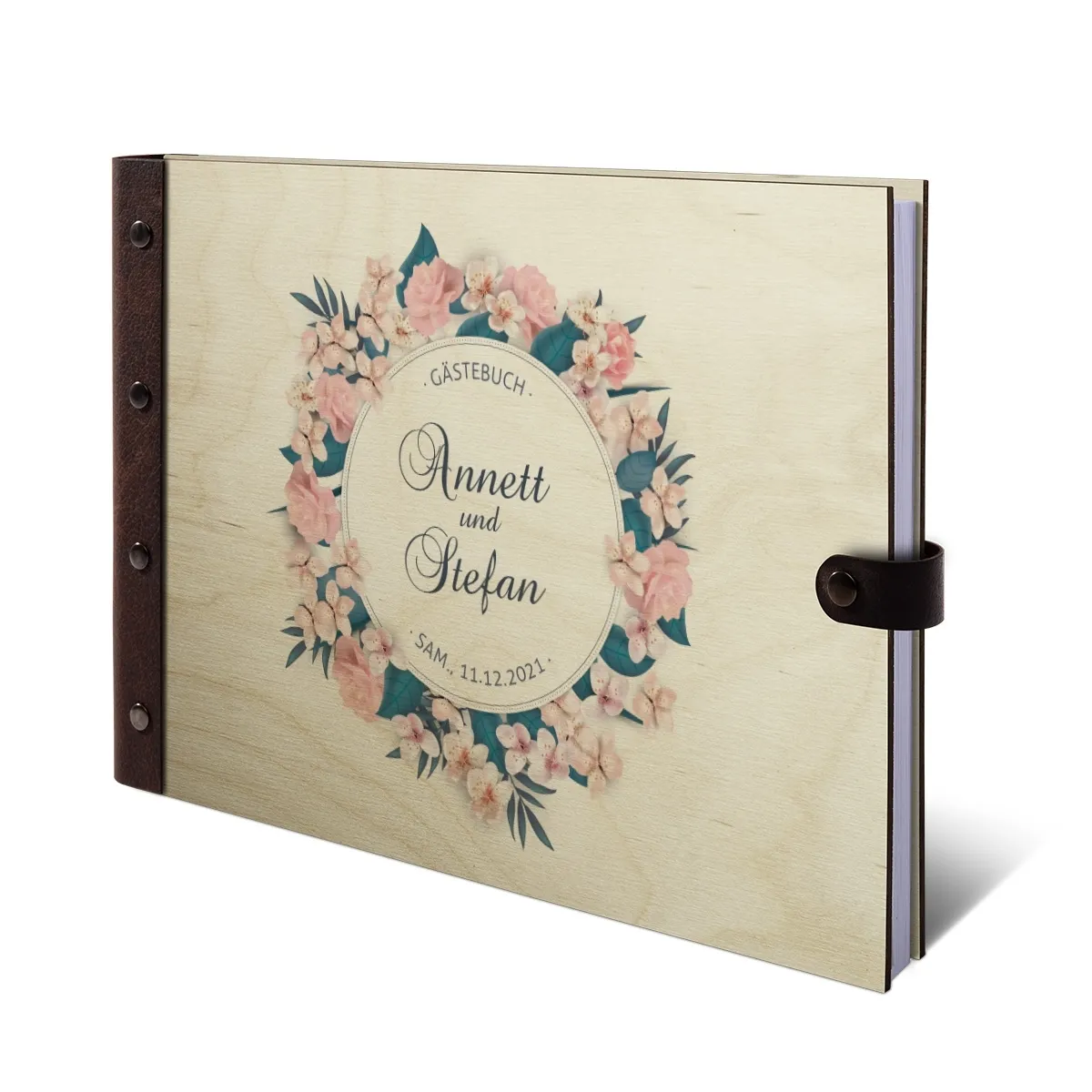 Personalisiertes Hochzeit Gästebuch Birkensperrholz Leder UV-Druck DIN A4 quer - Blumen Romantik