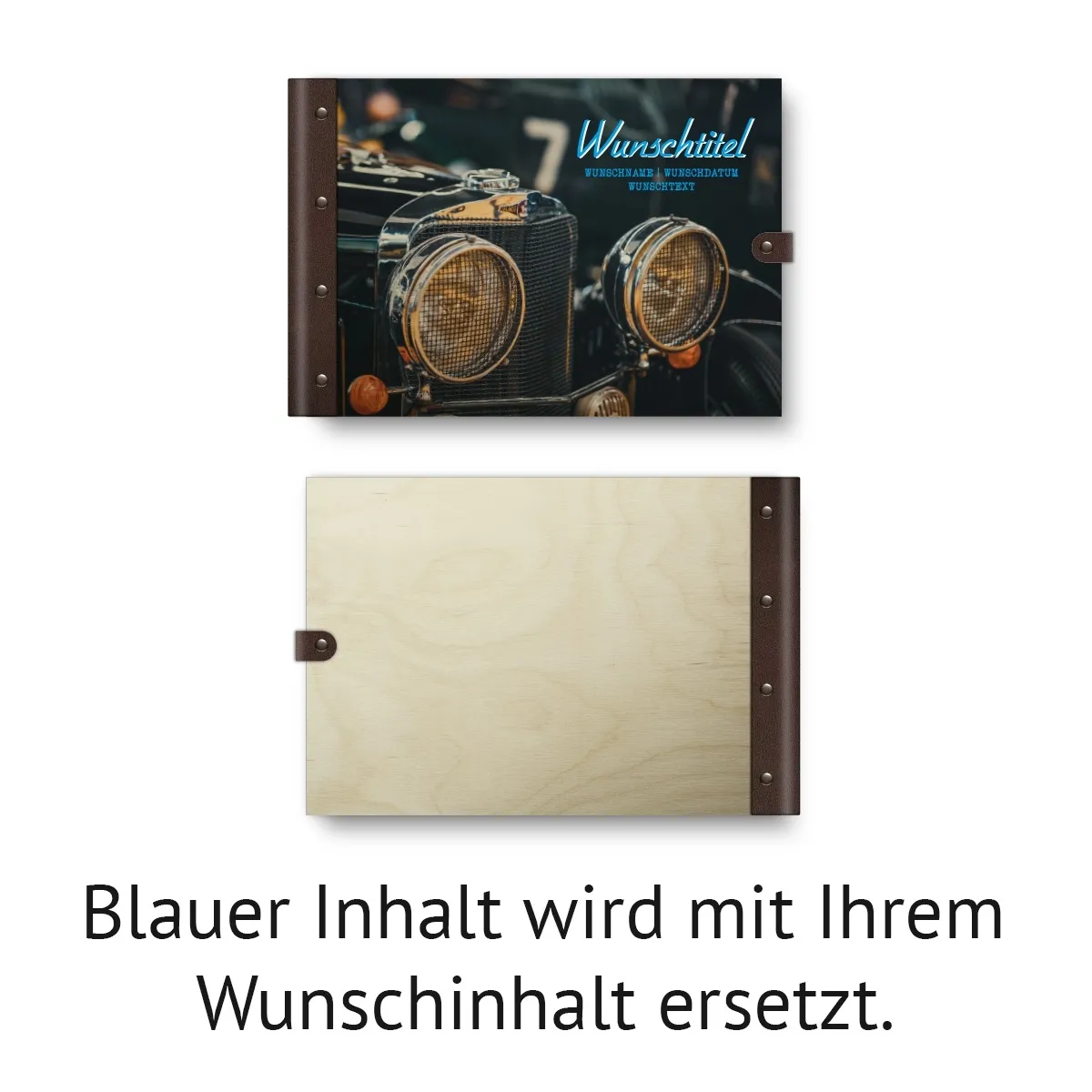 Personalisiertes Geburtstag Gästebuch Birkensperrholz Leder UV-Druck DIN A4 quer - Oldtimer