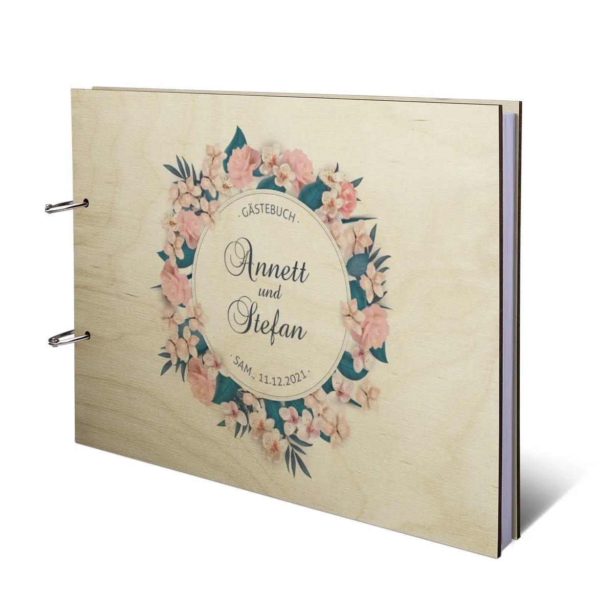 Personalisiertes Hochzeit Gästebuch Birkensperrholz Ringbuch UV-Druck DIN A4 quer - Blumen Romantik