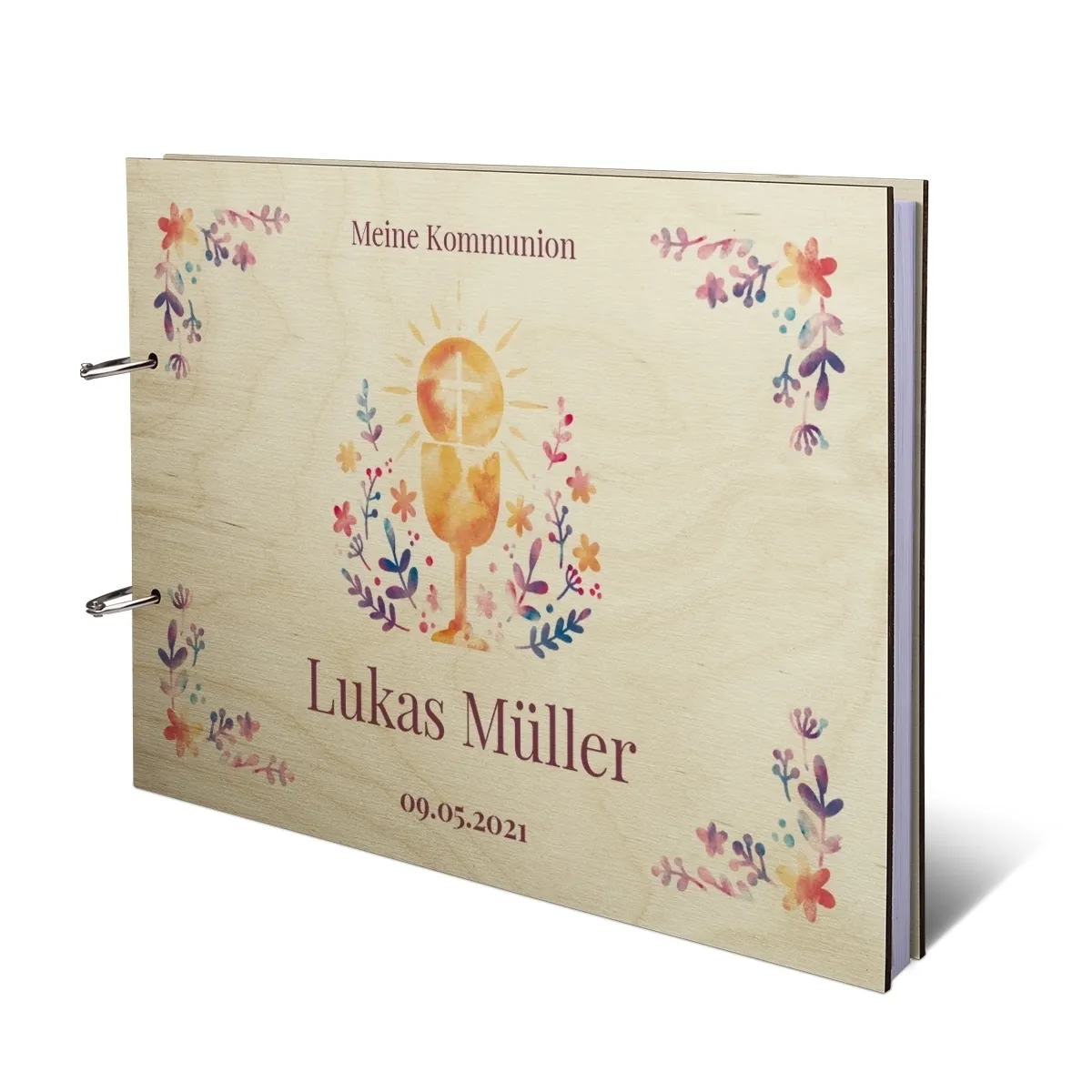 Personalisiertes Kommunion Gästebuch Birkensperrholz Ringbuch UV-Druck DIN A4 quer - Heiliger Gral