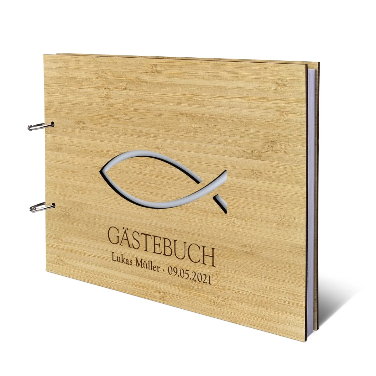 Personalisiertes Gästebuch / Kondolenzbuch Bambus A4 quer - Jesus Fisch