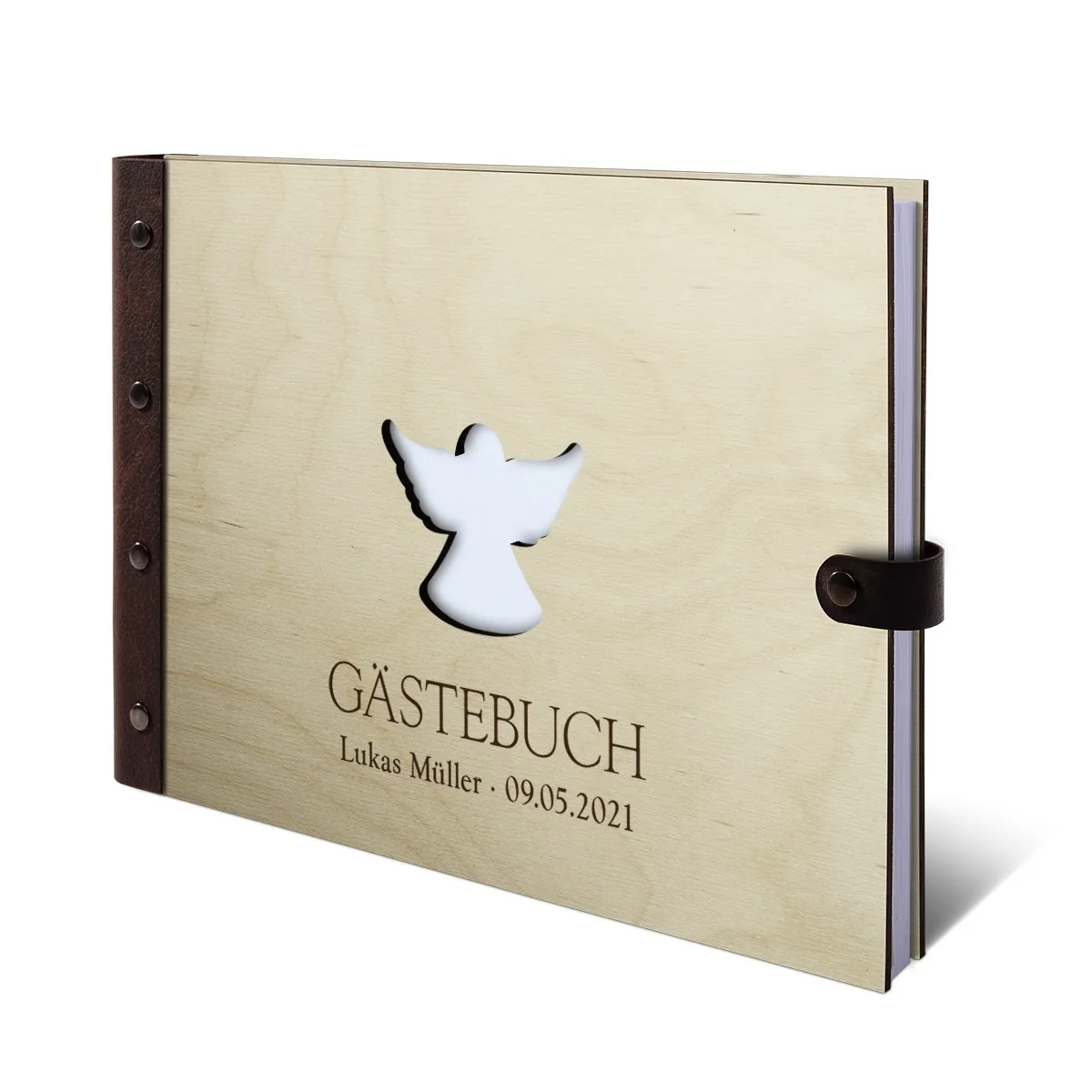 Personalisiertes Gästebuch / Kondolenzbuch Birkensperrholz und Leder A4 - Engel