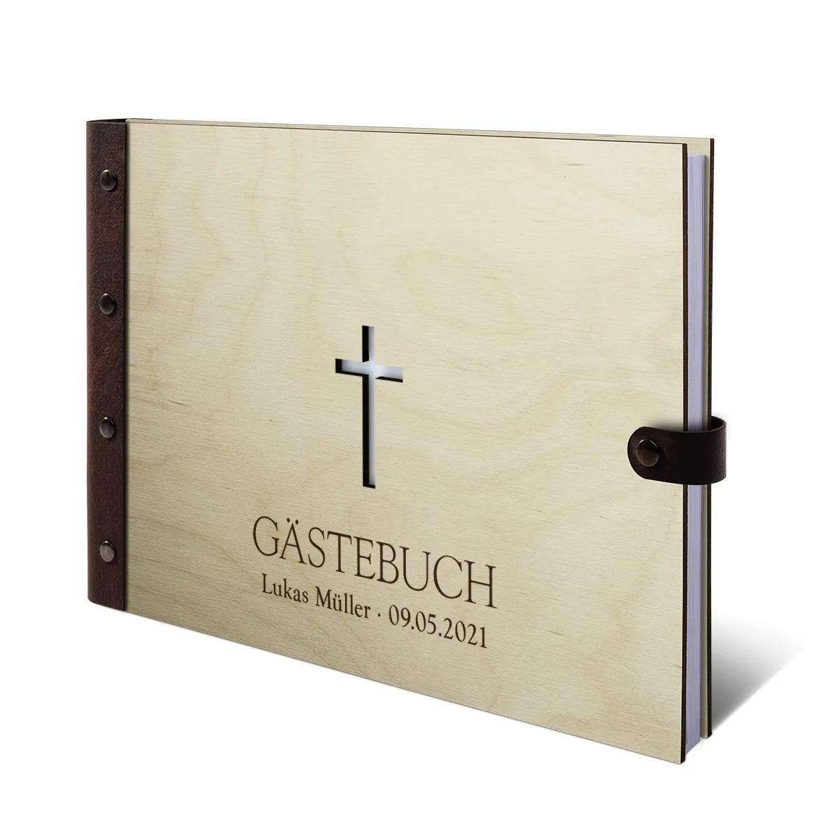 Personalisiertes Gästebuch / Kondolenzbuch Birkensperrholz und Leder A4 - Kreuz