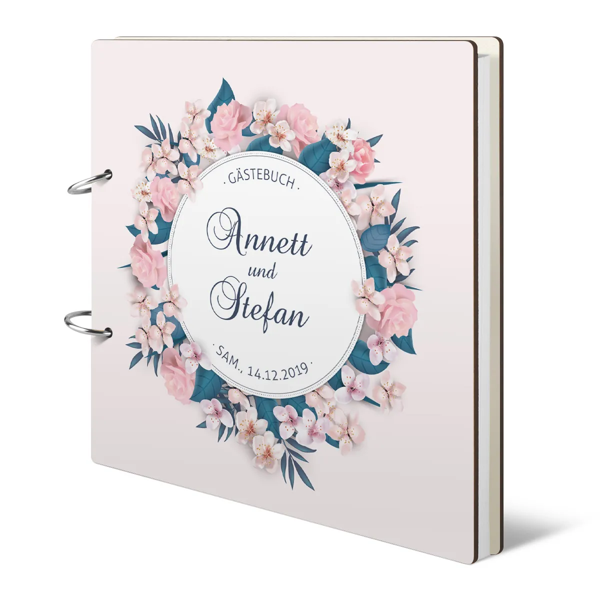 Personalisiertes Holzcover Hochzeit Gästebuch - Blumen Romantik