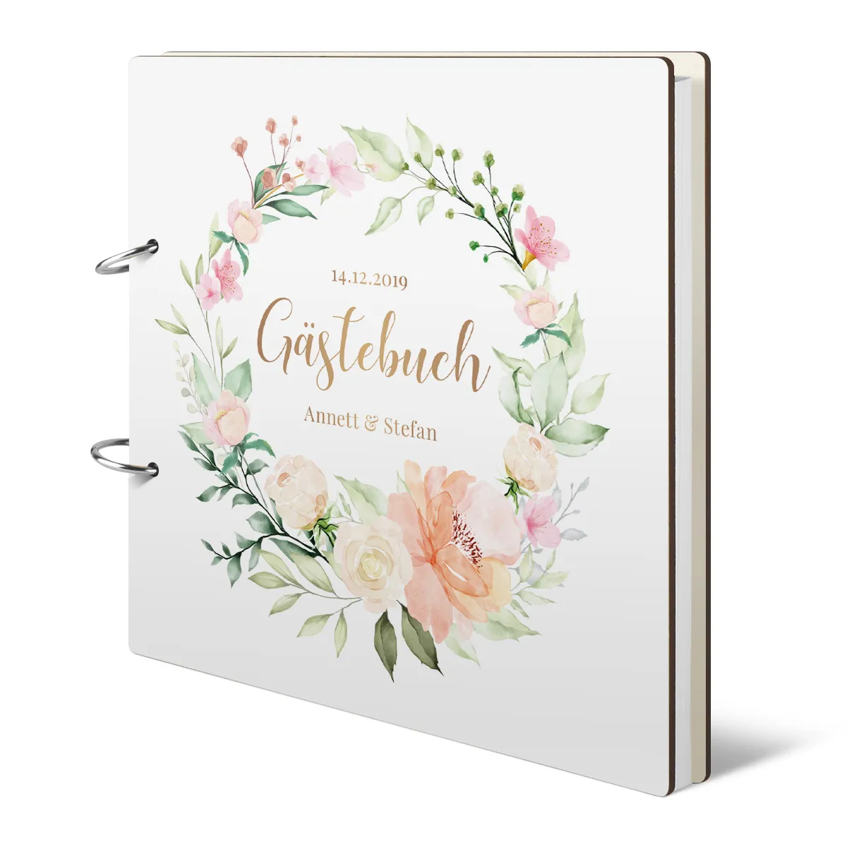 Personalisiertes Holzcover Hochzeit Gästebuch - Blumengold