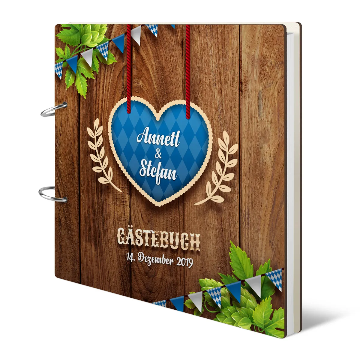 Personalisiertes Holzcover Hochzeit Gästebuch - O'zapft is in Blau