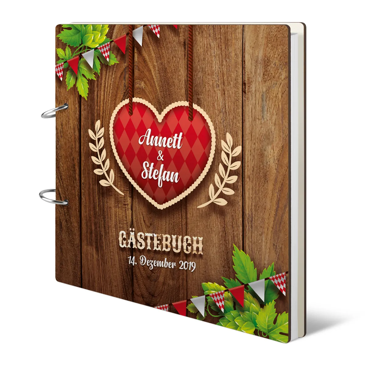 Personalisiertes Holzcover Hochzeit Gästebuch - O'zapft is in Rot