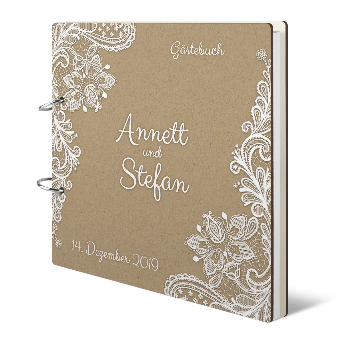 Personalisiertes Holzcover Hochzeit Gästebuch - Rustikal Kraftpapier