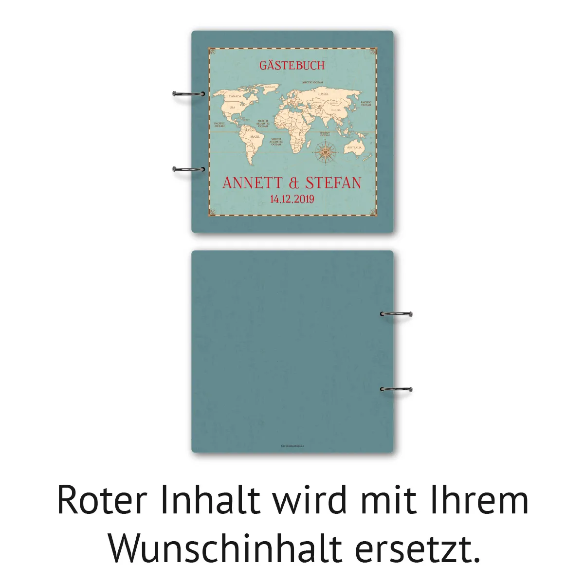 Personalisiertes Holzcover Hochzeit Gästebuch - Weltkarte