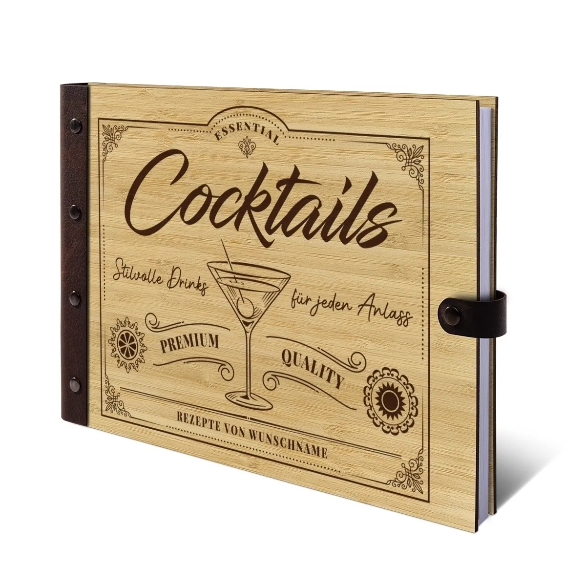 Personalisiertes Kochbuch / Rezeptbuch Bambus und Leder A4 - Cocktails
