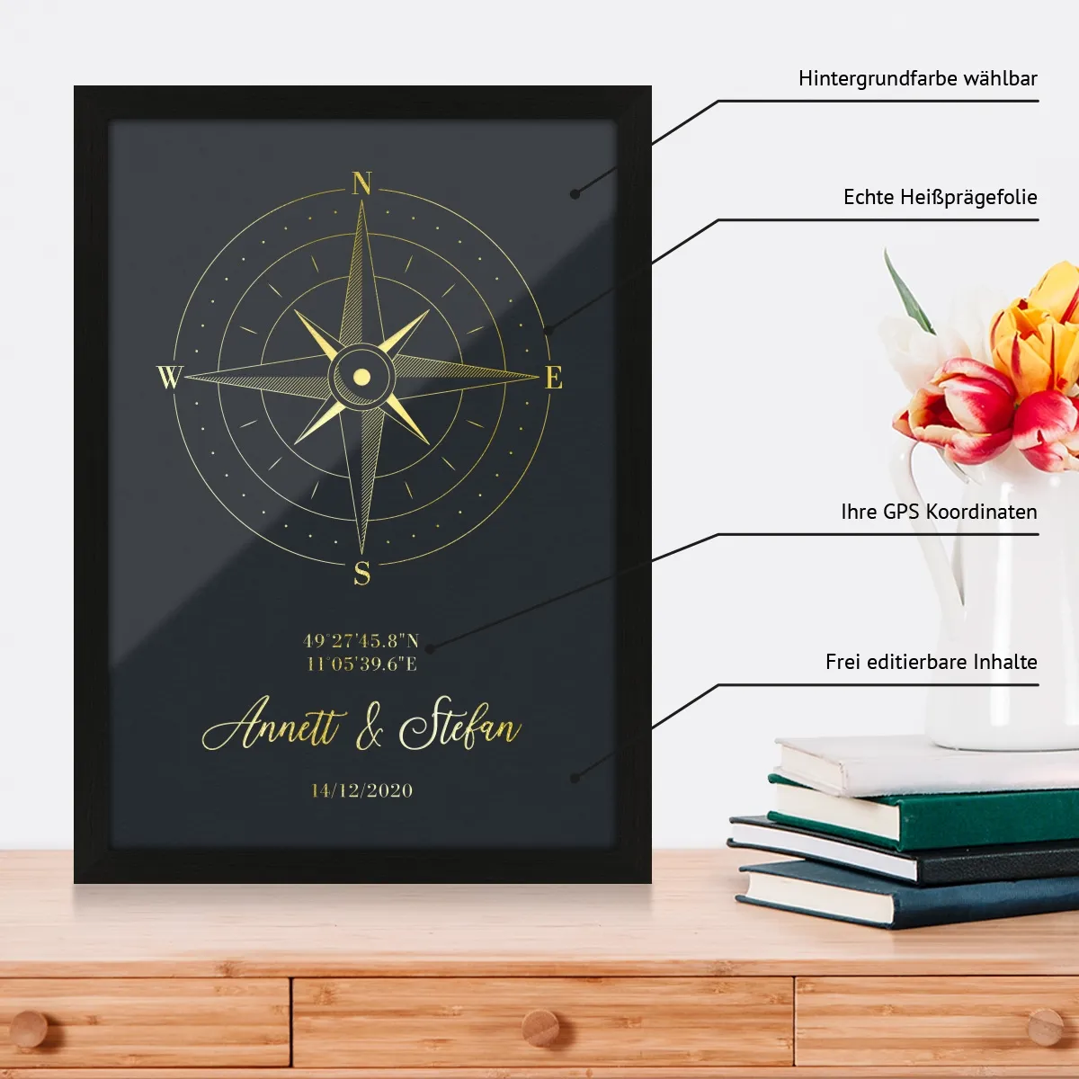 Personalisiertes Kunstdruck Poster mit Heißfolienprägung - Kompass