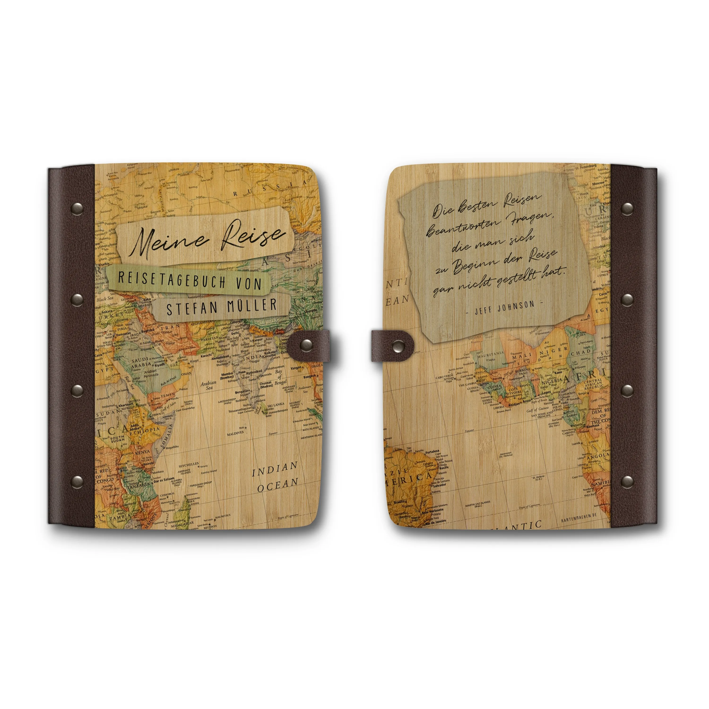 Personalisiertes Reisetagebuch Bambus mit Leder und UV-Druck - Moderne Weltkarte