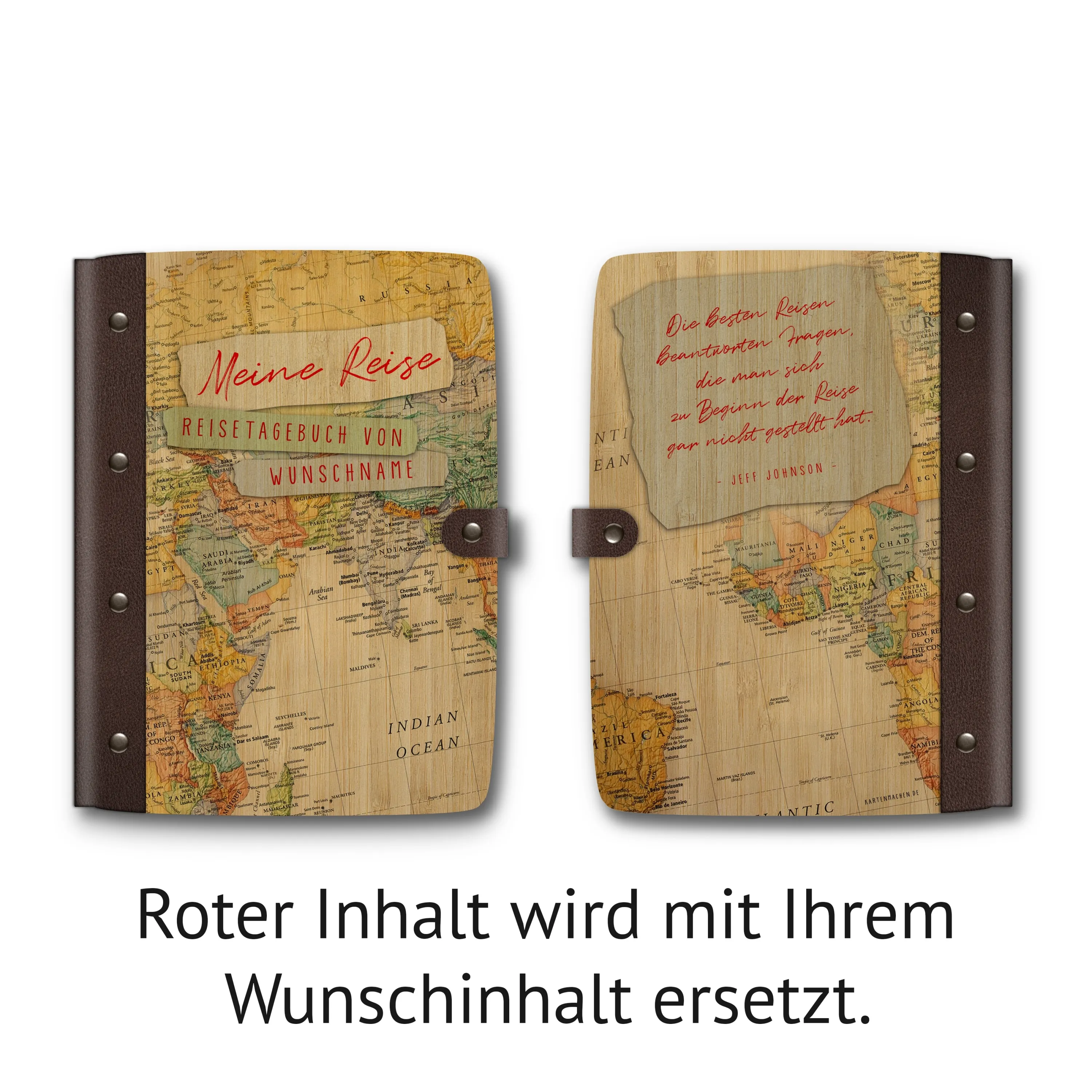 Personalisiertes Reisetagebuch Bambus mit Leder und UV-Druck - Moderne Weltkarte