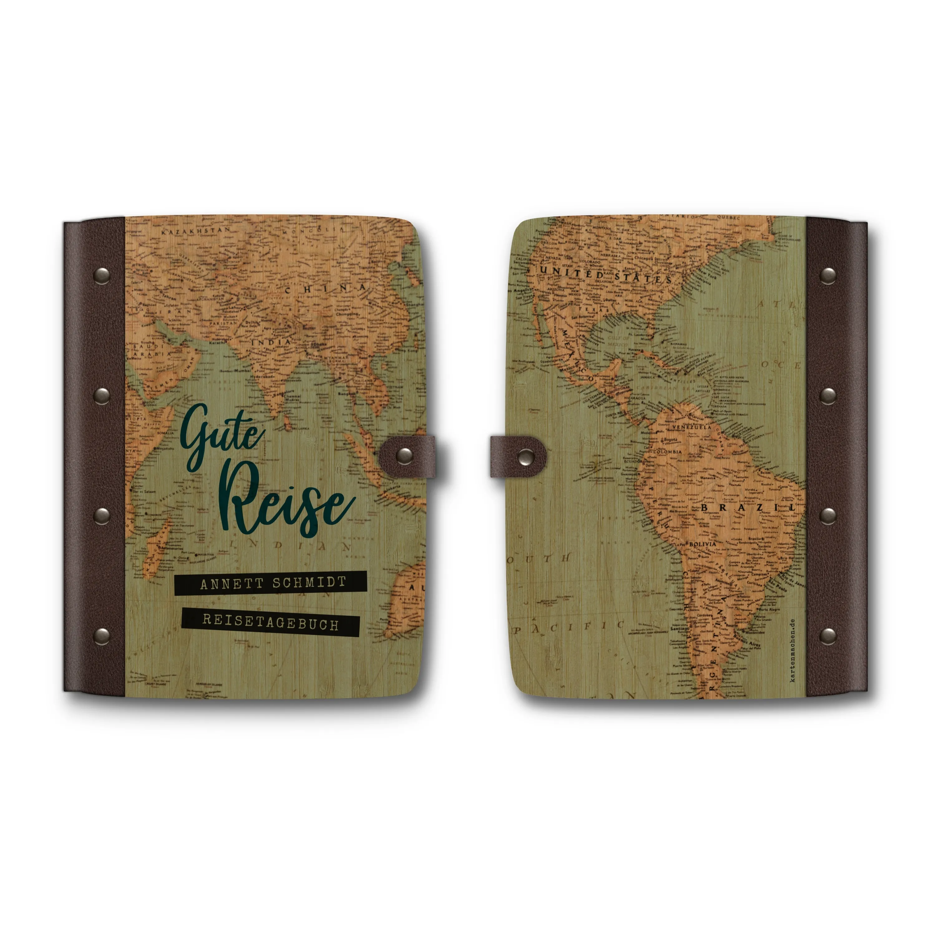 Personalisiertes Reisetagebuch Bambus mit Leder und UV-Druck - Vintage Weltkarte
