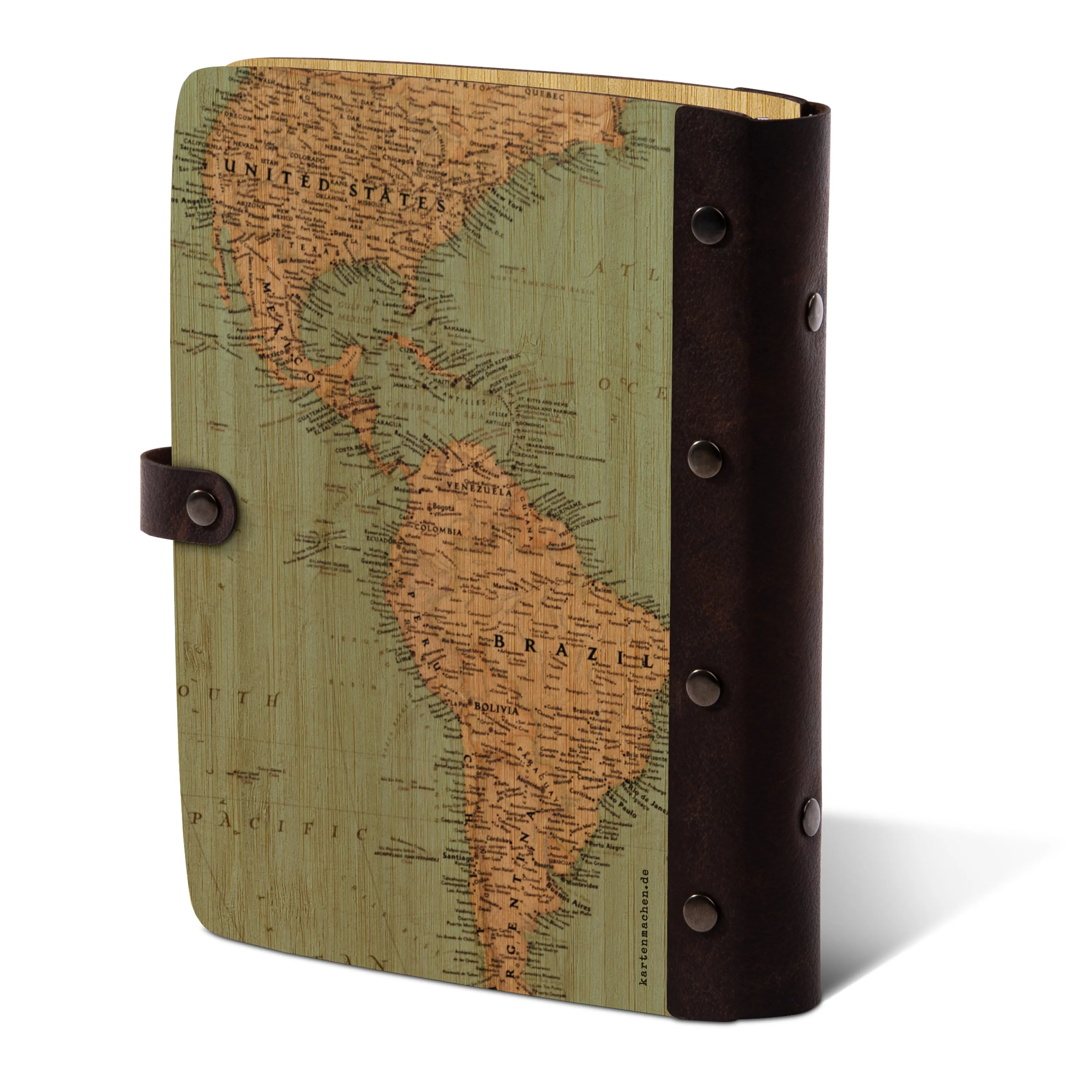 Personalisiertes Reisetagebuch Bambus mit Leder und UV-Druck - Vintage Weltkarte