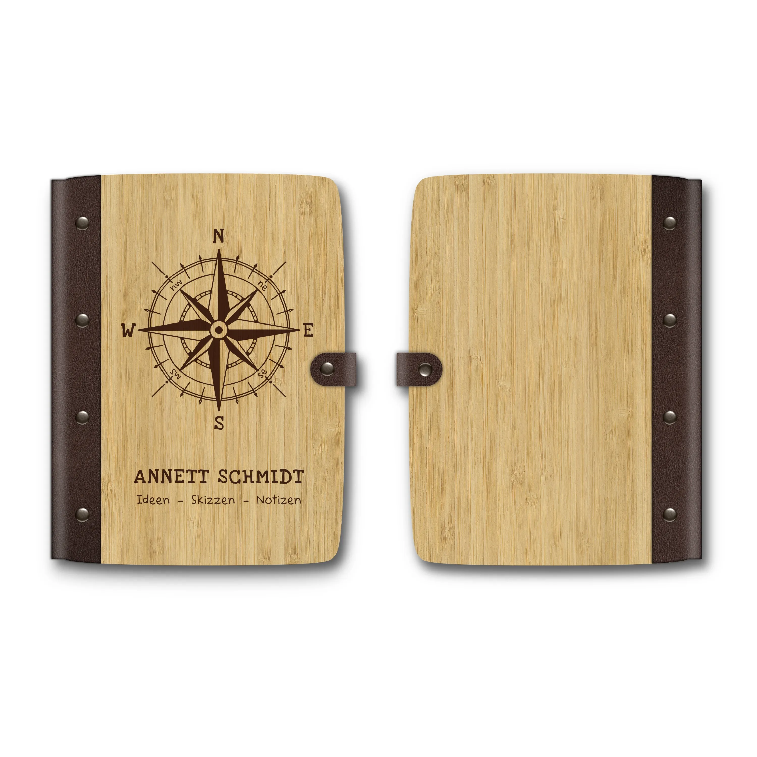 Personalisiertes Notizbuch Bambus mit Lederrücken - Kompass