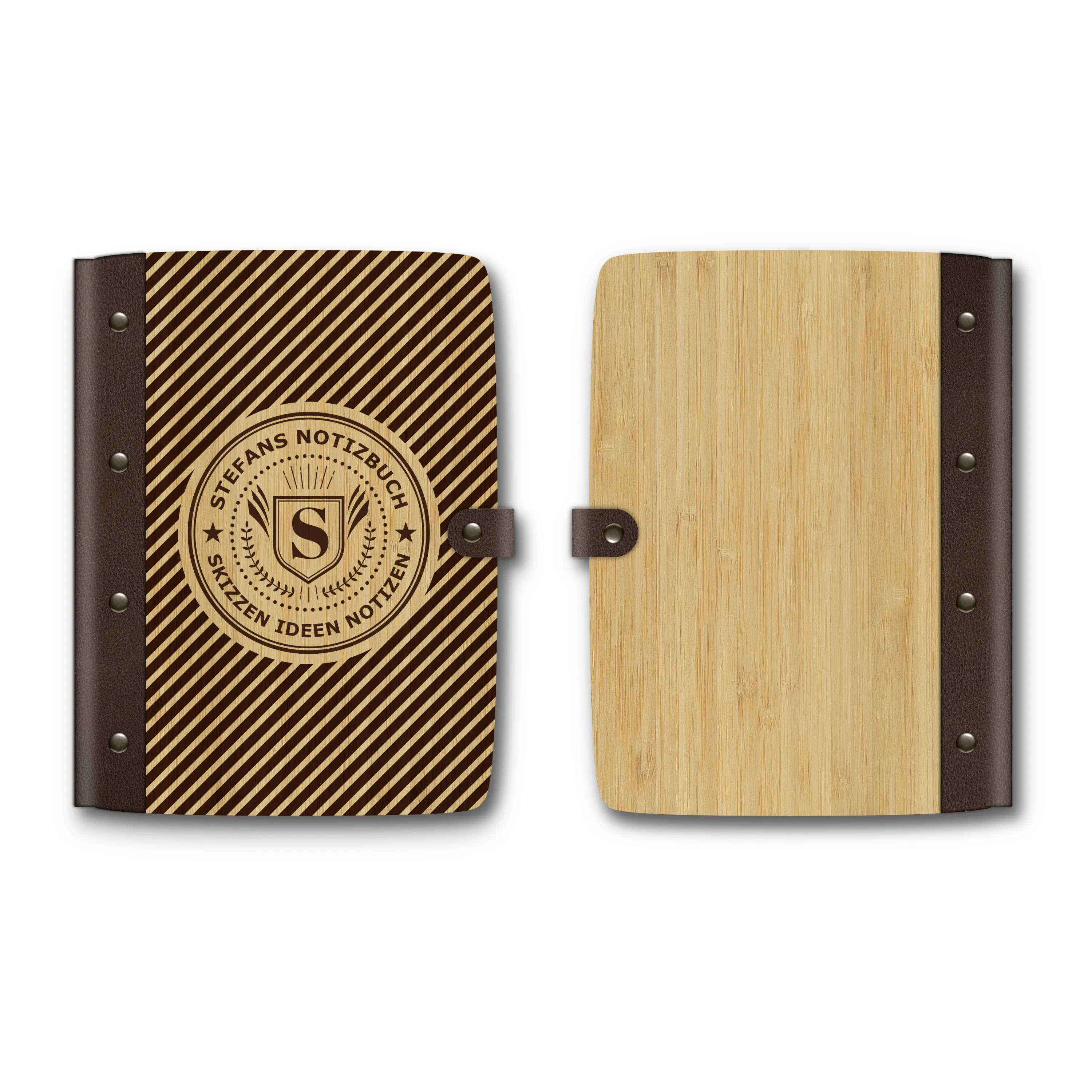 Personalisiertes Notizbuch Bambus mit Lederrücken - Streifen