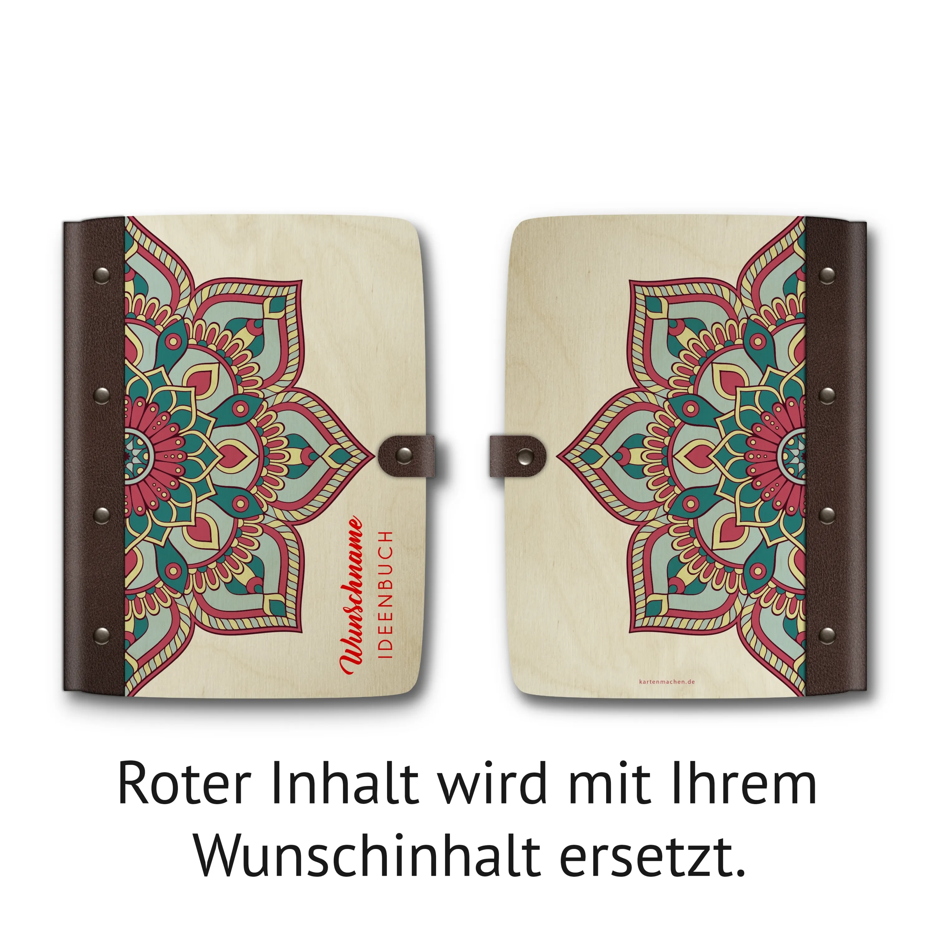 Personalisiertes Notizbuch Birkensperrholz mit Leder und UV-Druck - Mandala