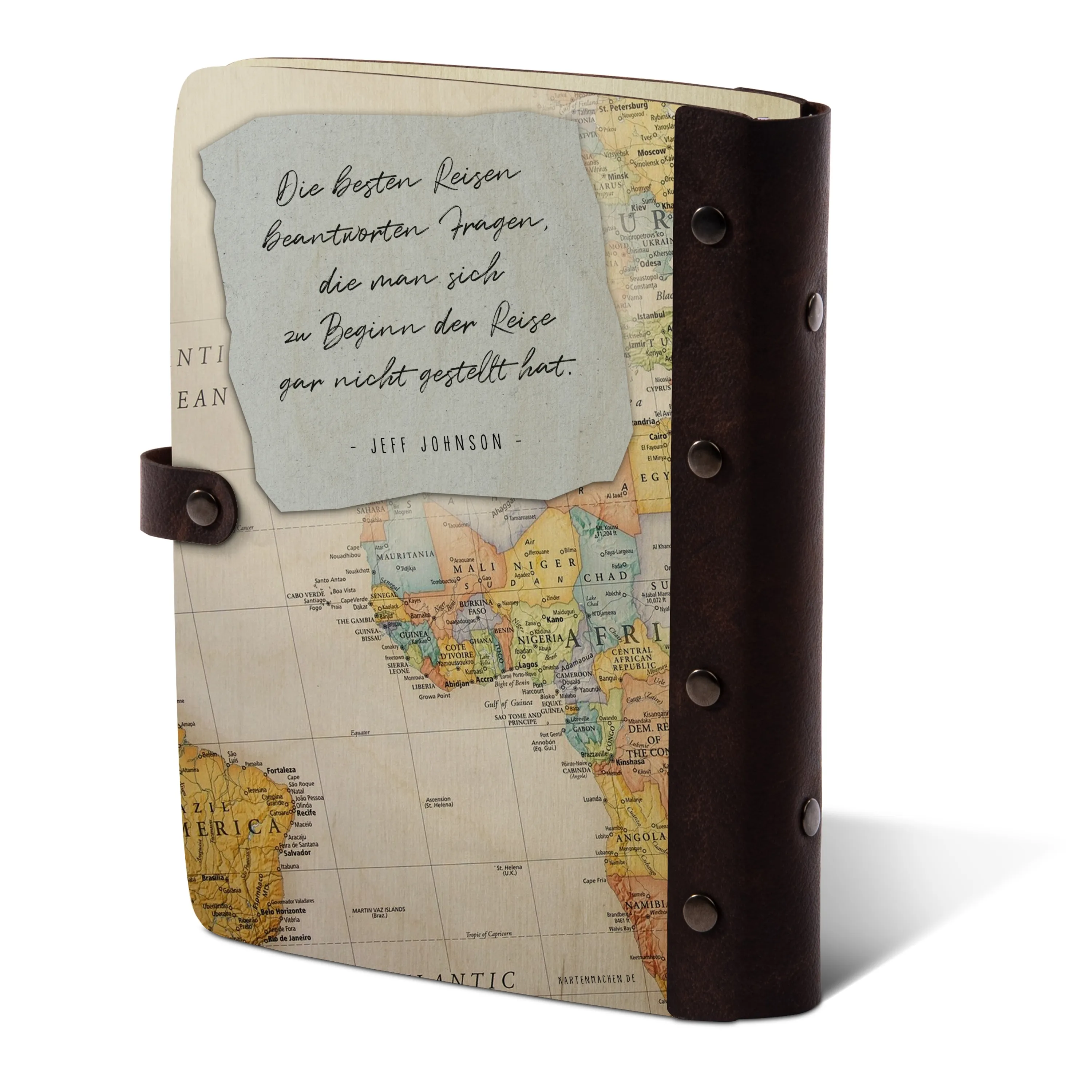 Personalisiertes Reisetagebuch Birkensperrholz mit Leder und UV-Druck - Moderne Weltkarte