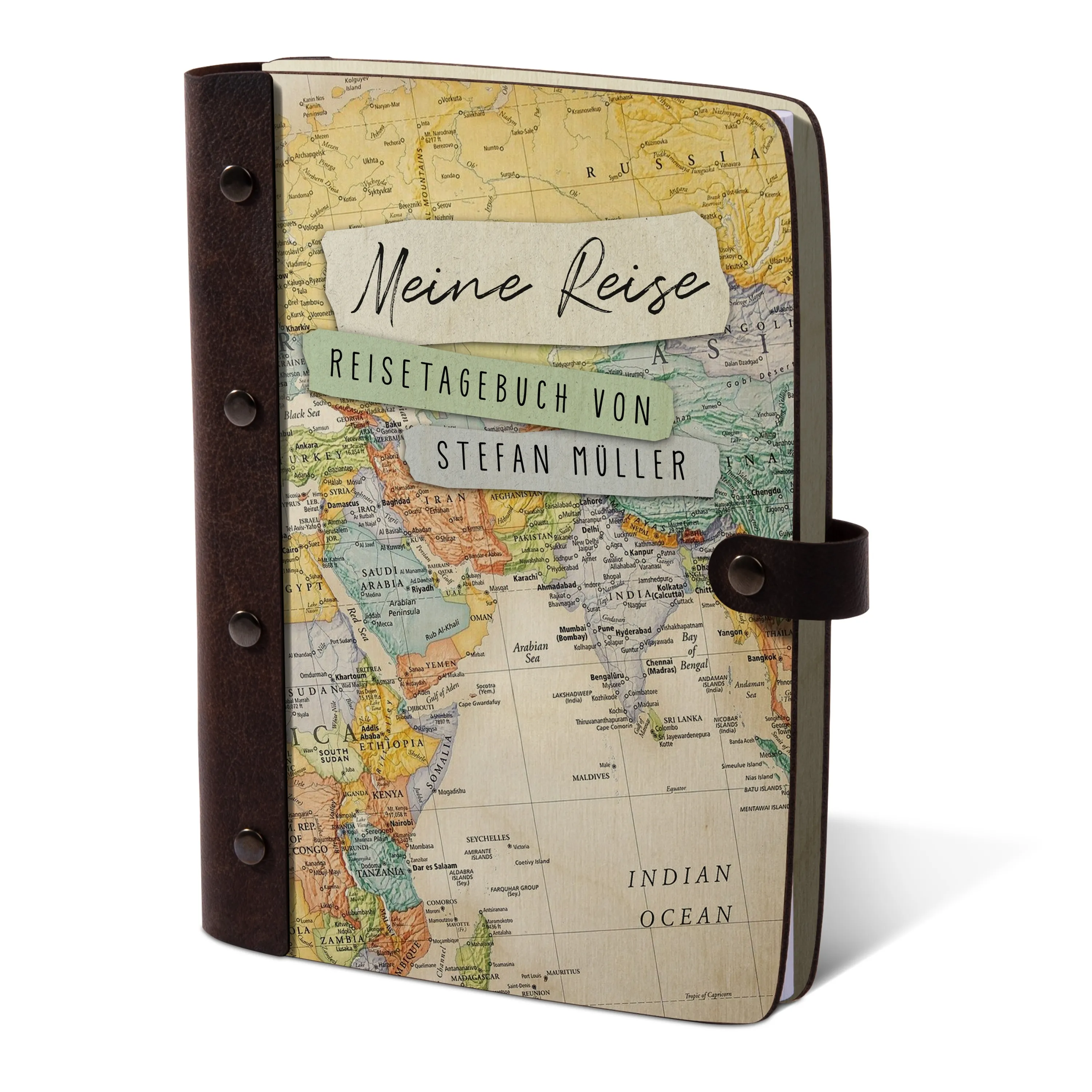 Personalisiertes Reisetagebuch Birkensperrholz mit Leder und UV-Druck - Moderne Weltkarte