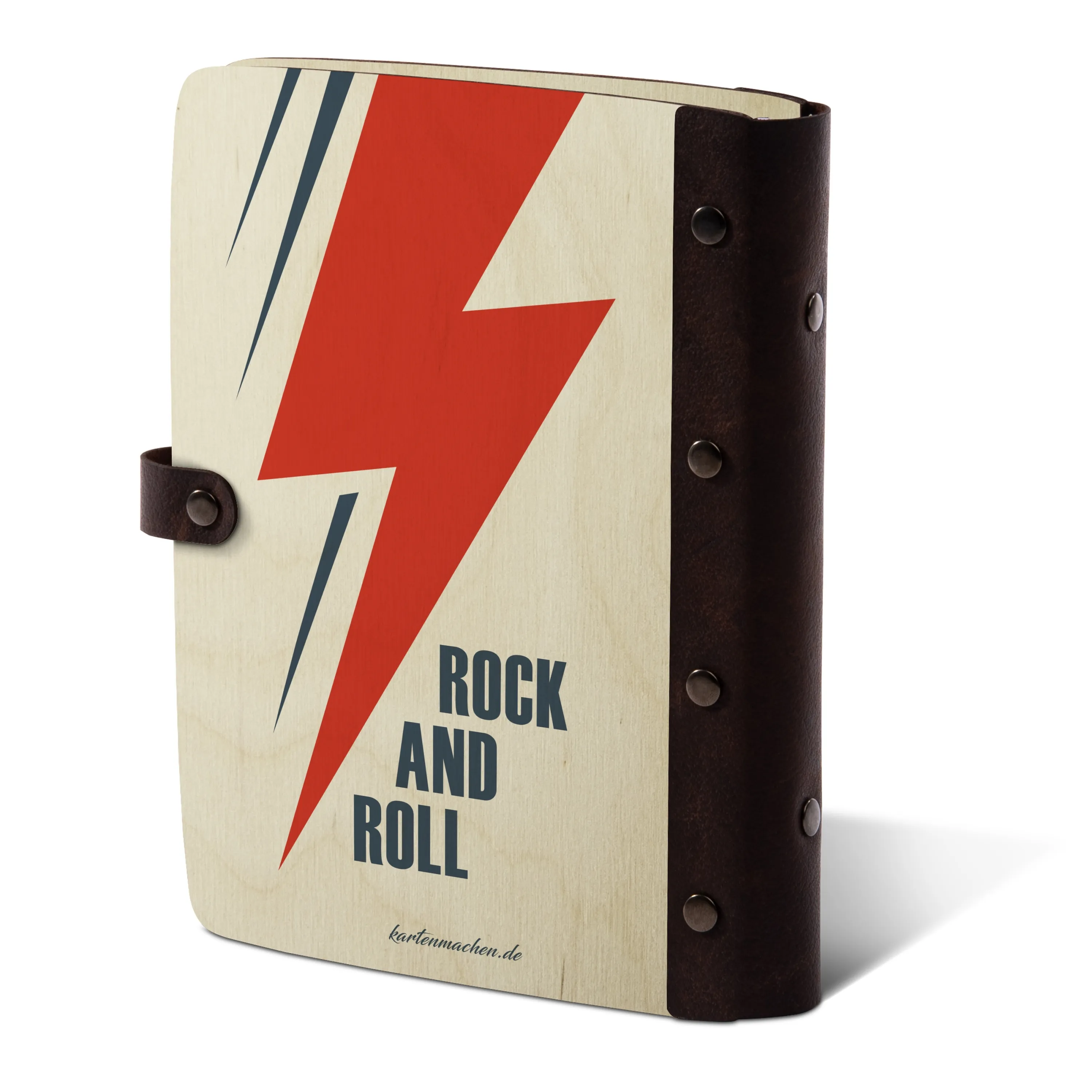Personalisiertes Notizbuch Birkensperrholz mit Leder und UV-Druck - Rock and Roll