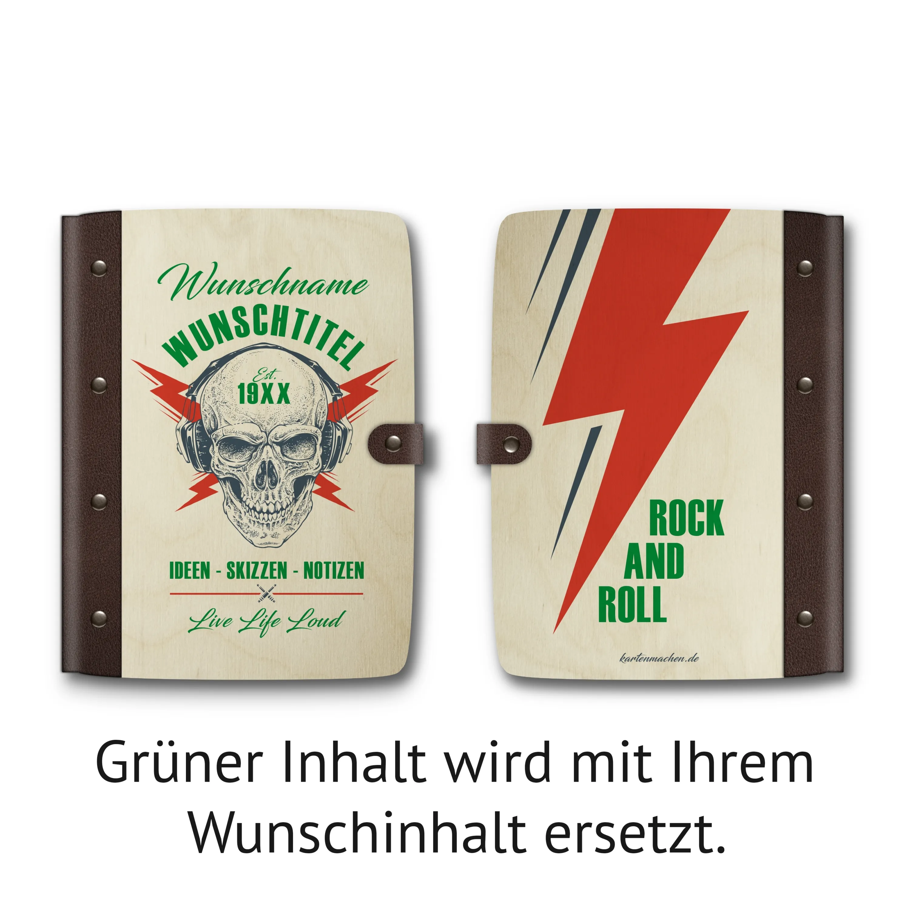 Personalisiertes Notizbuch Birkensperrholz mit Leder und UV-Druck - Rock and Roll