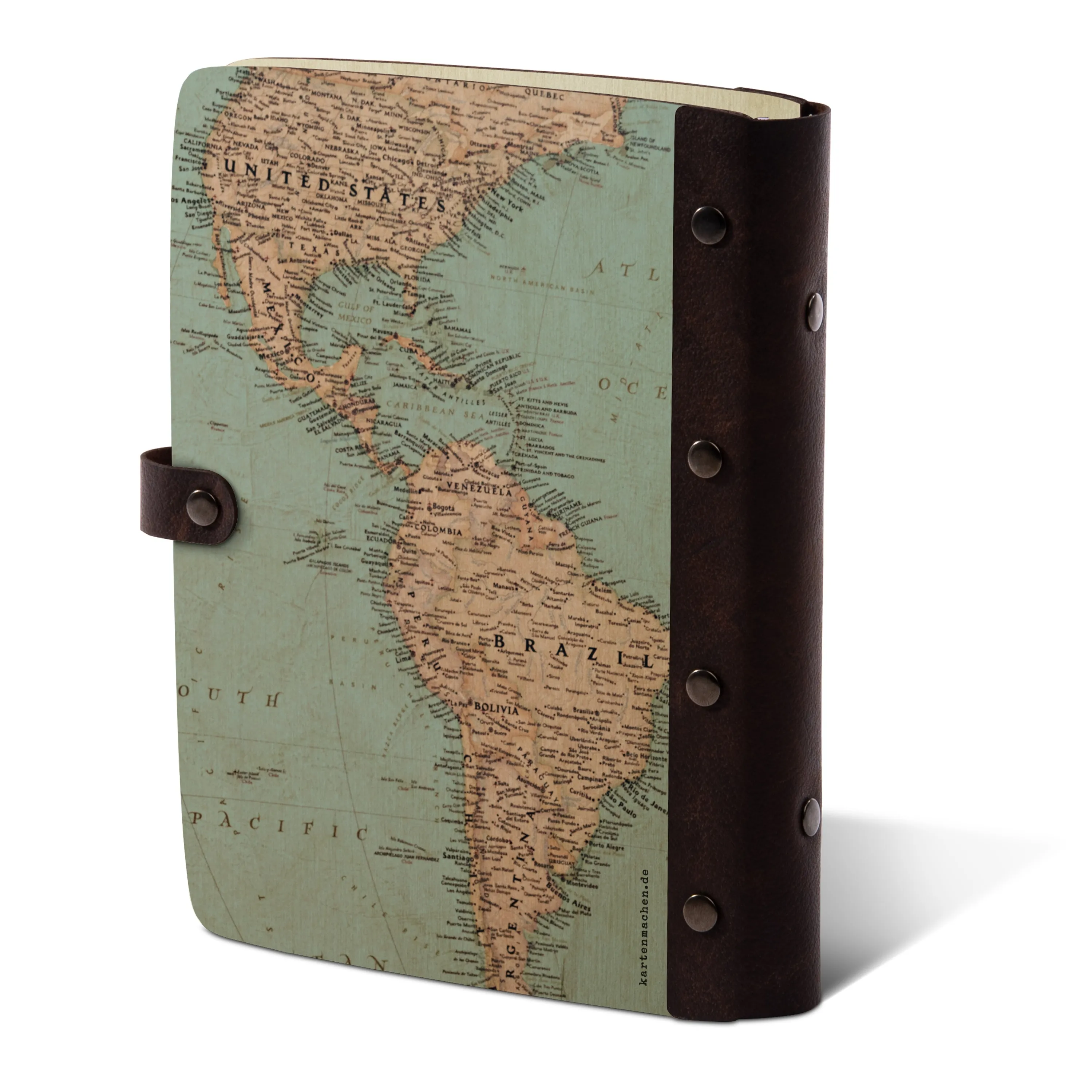 Personalisiertes Reisetagebuch Birkensperrholz mit Leder und UV-Druck - Vintage Weltkarte