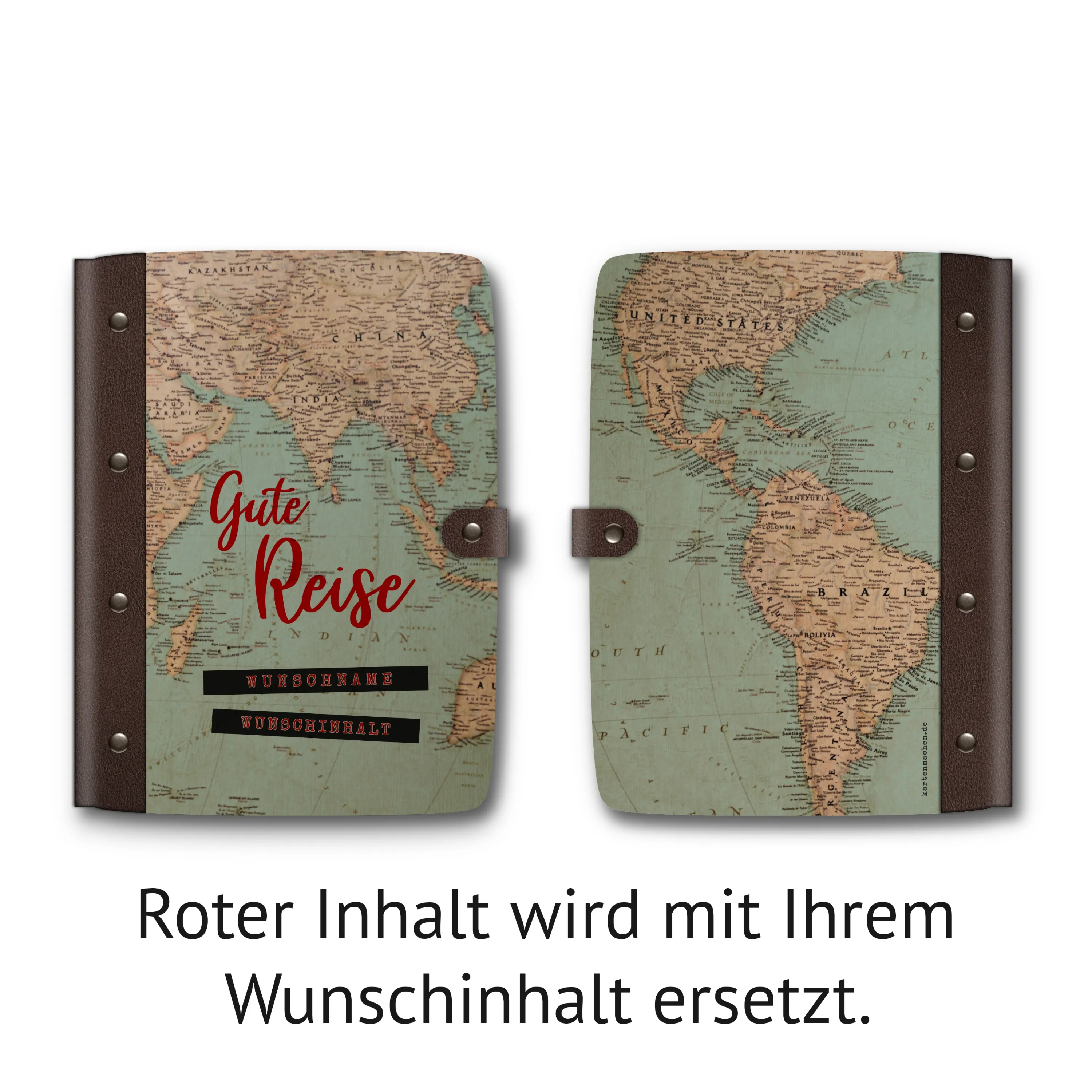 Personalisiertes Reisetagebuch Birkensperrholz mit Leder und UV-Druck - Vintage Weltkarte