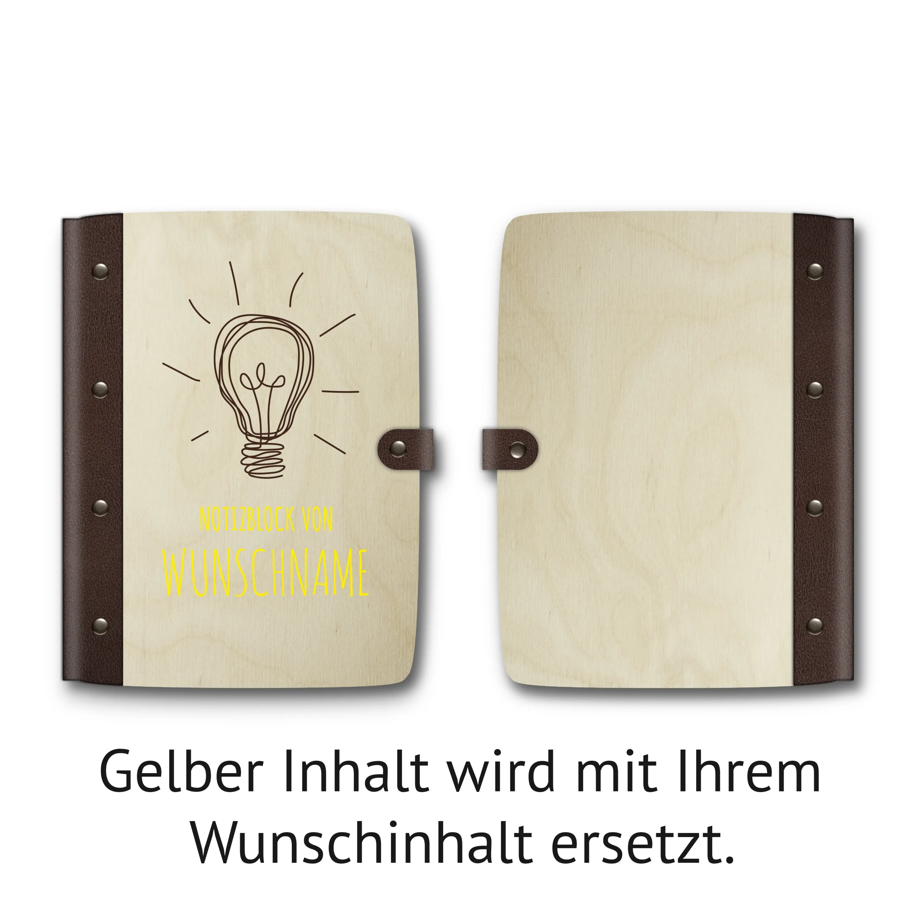 Personalisiertes Notizbuch Birkensperrholz mit Lederrücken - Glühbirne 