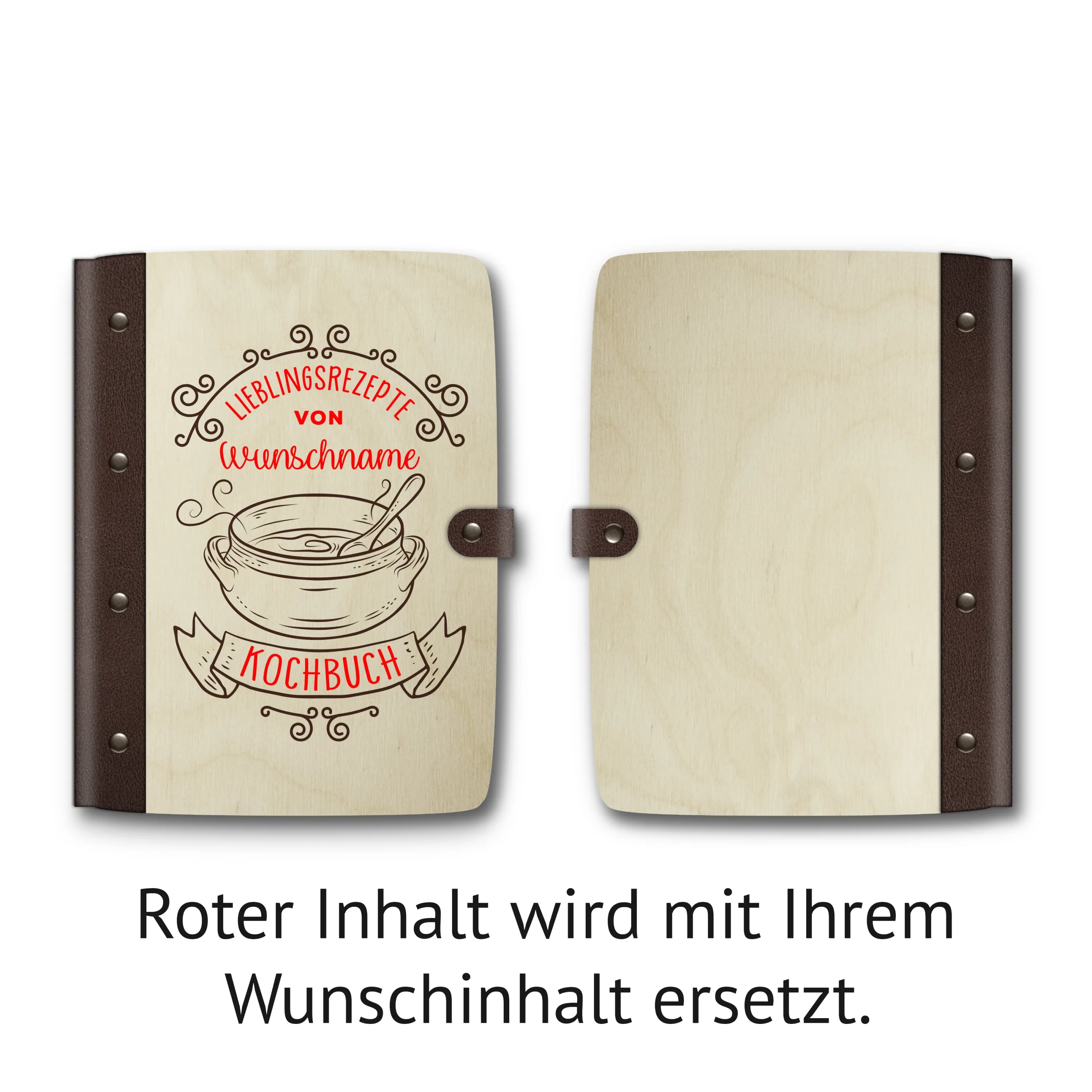 Personalisiertes Notizbuch Birkensperrholz mit Lederrücken - Kochbuch