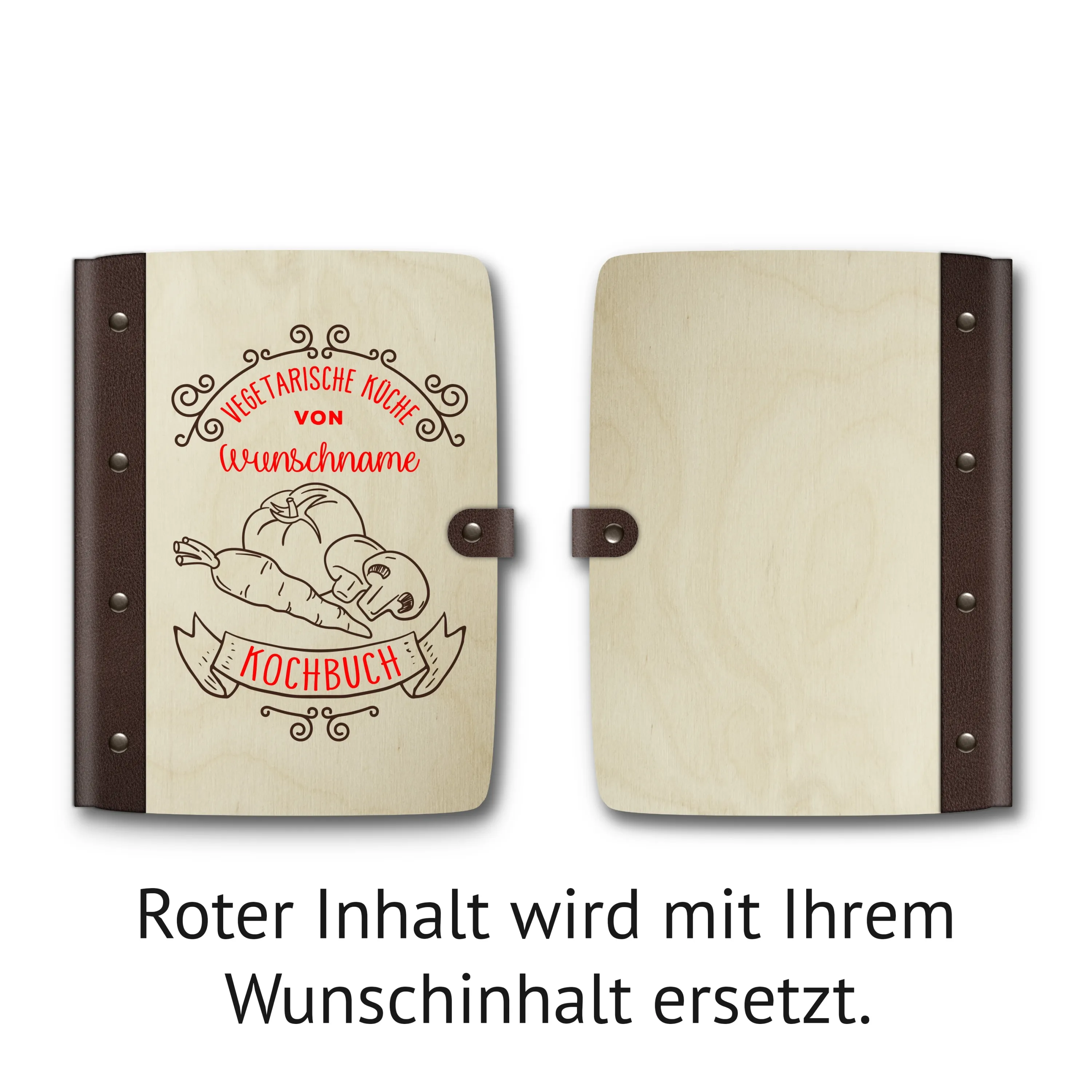 Personalisiertes Notizbuch Birkensperrholz mit Lederrücken - Kochbuch vegetarisch