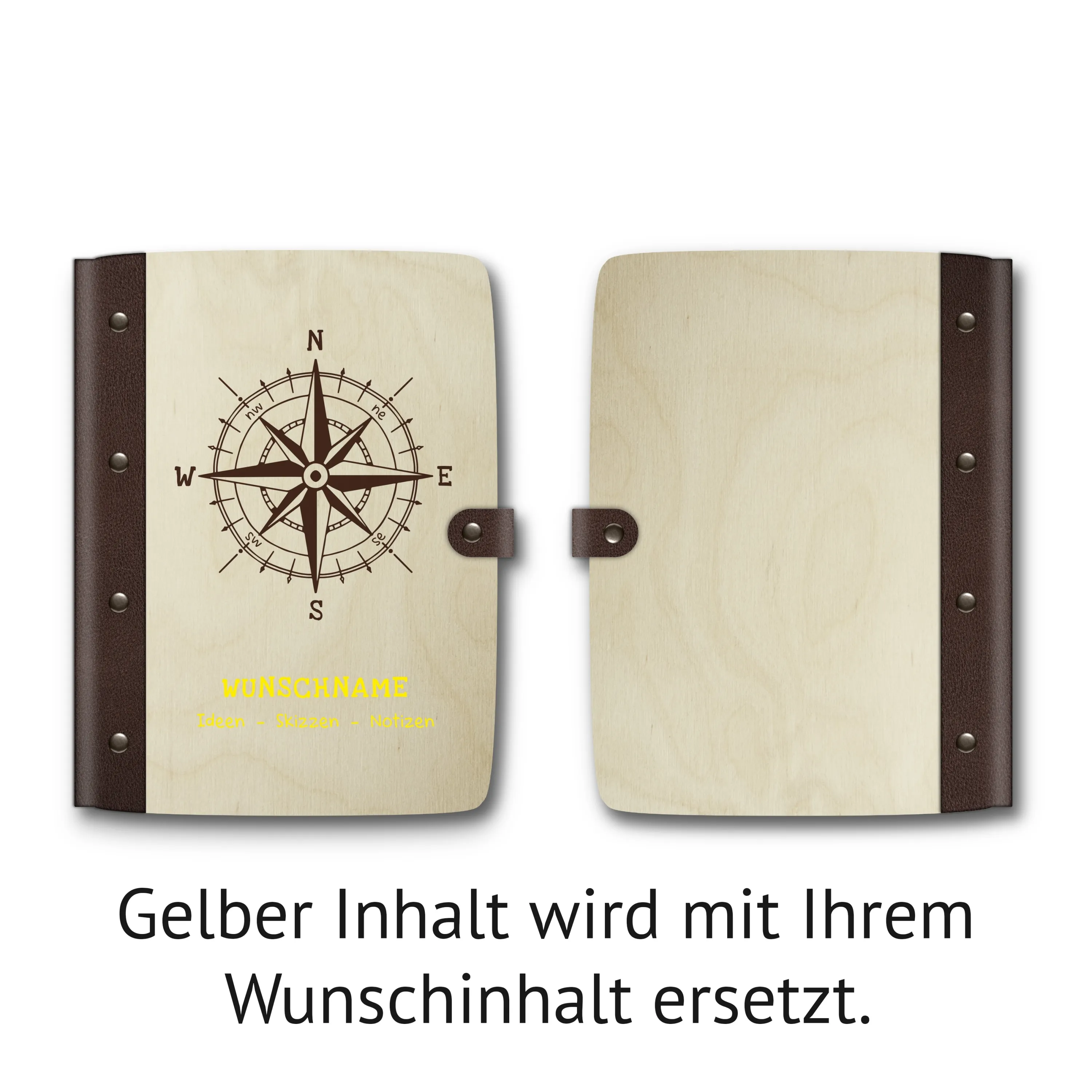 Personalisiertes Notizbuch Birkensperrholz mit Lederrücken - Kompass