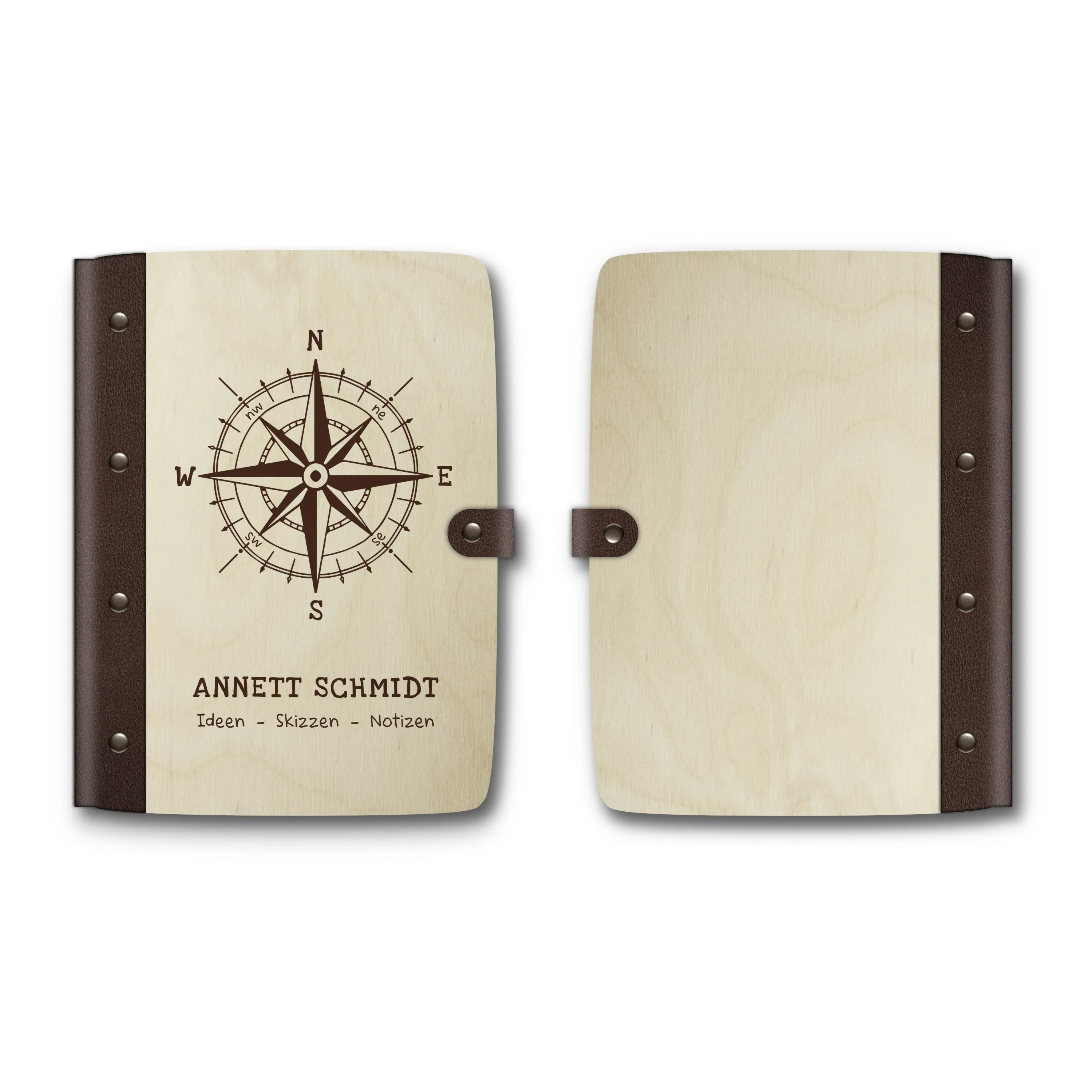 Personalisiertes Notizbuch Birkensperrholz mit Lederrücken - Kompass