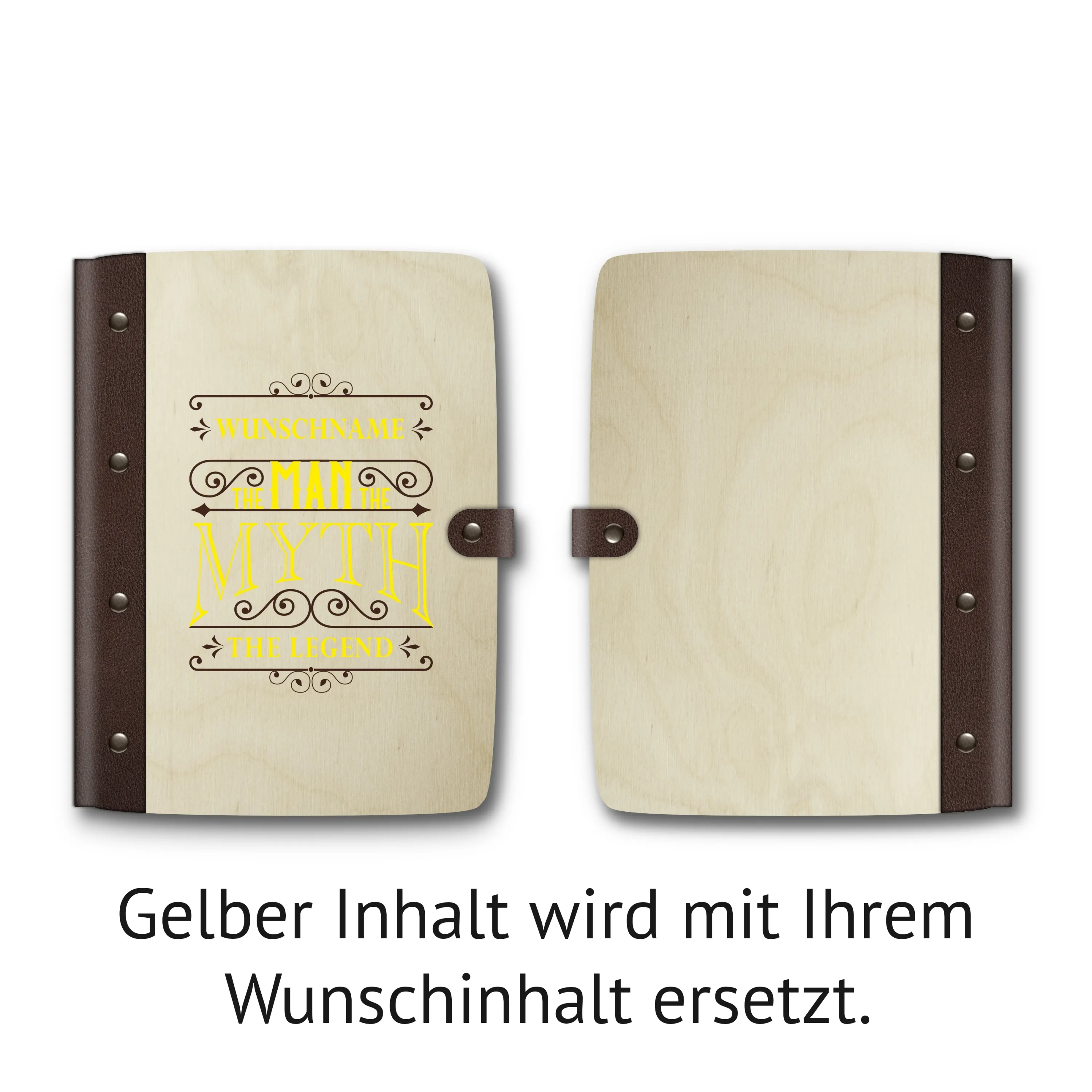 Personalisiertes Notizbuch Birkensperrholz mit Lederrücken - Legend