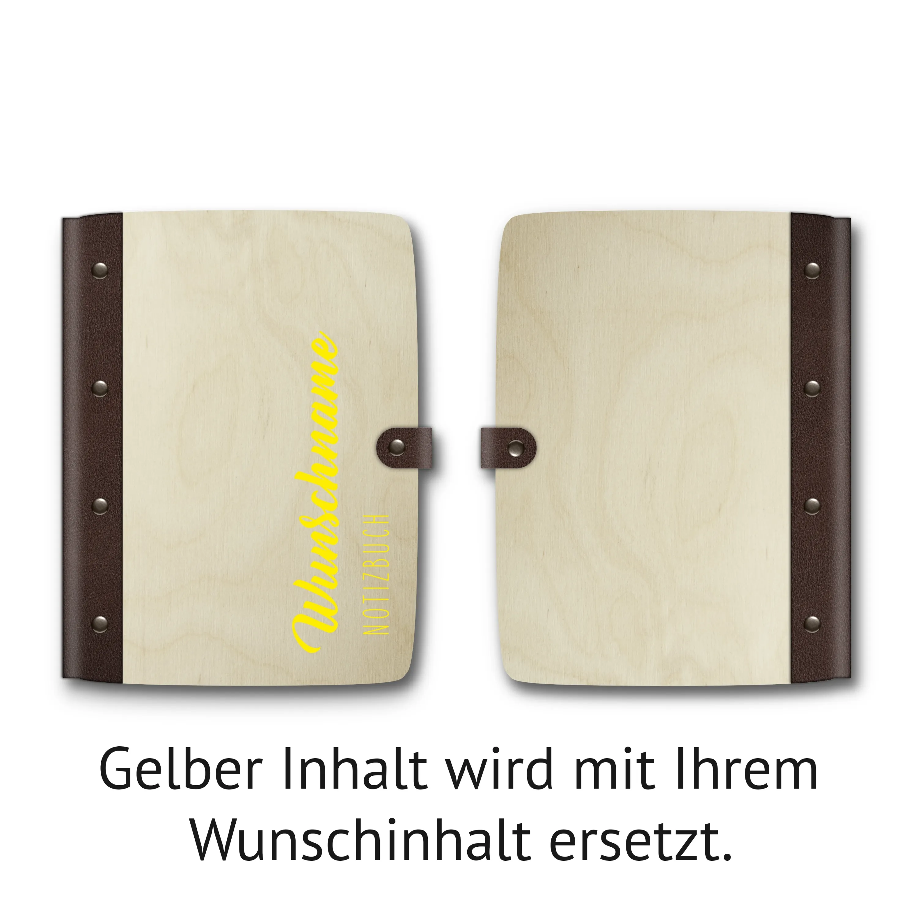 Personalisiertes Notizbuch Birkensperrholz mit Lederrücken - Name schlicht