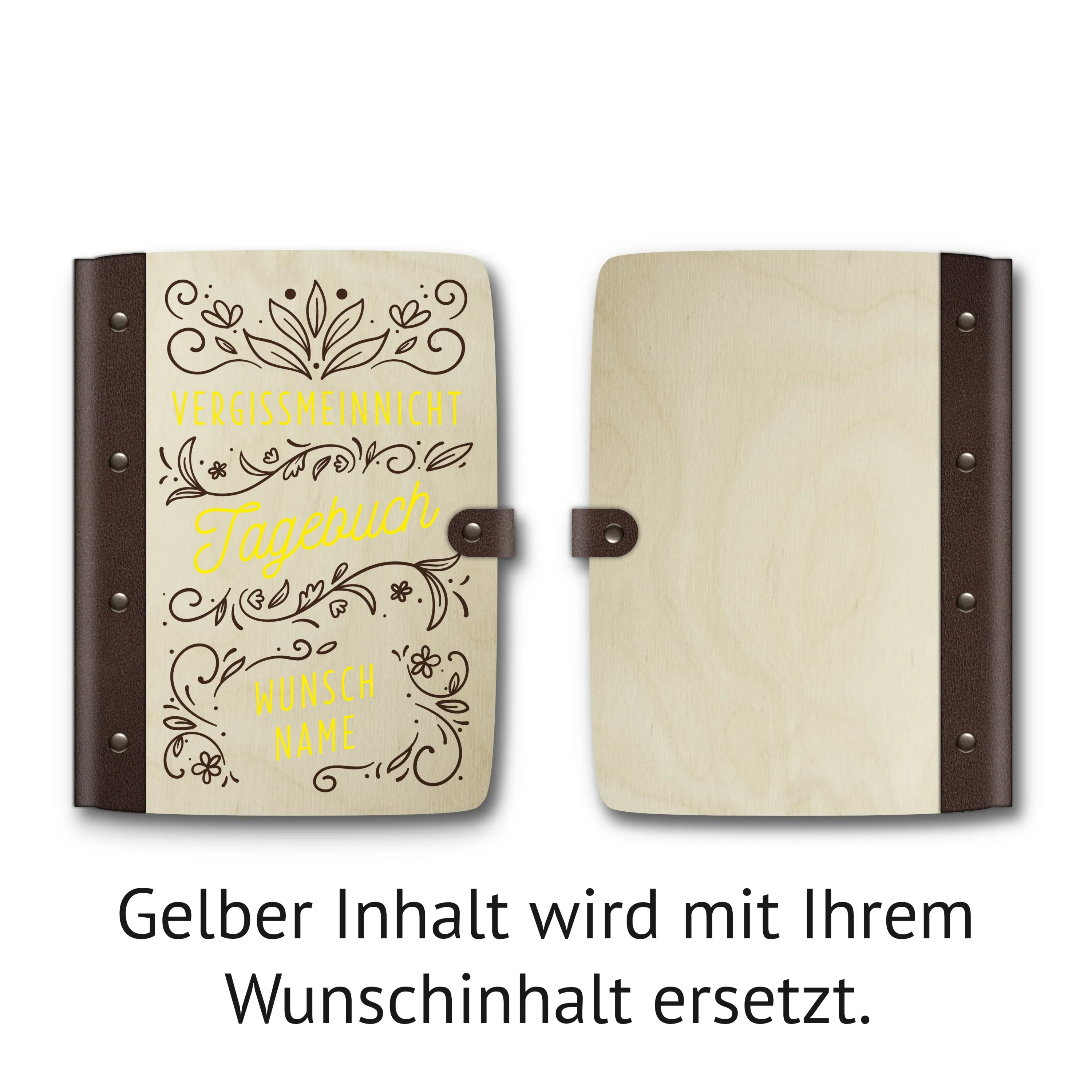 Personalisiertes Notizbuch Birkensperrholz mit Lederrücken - Schnörkel