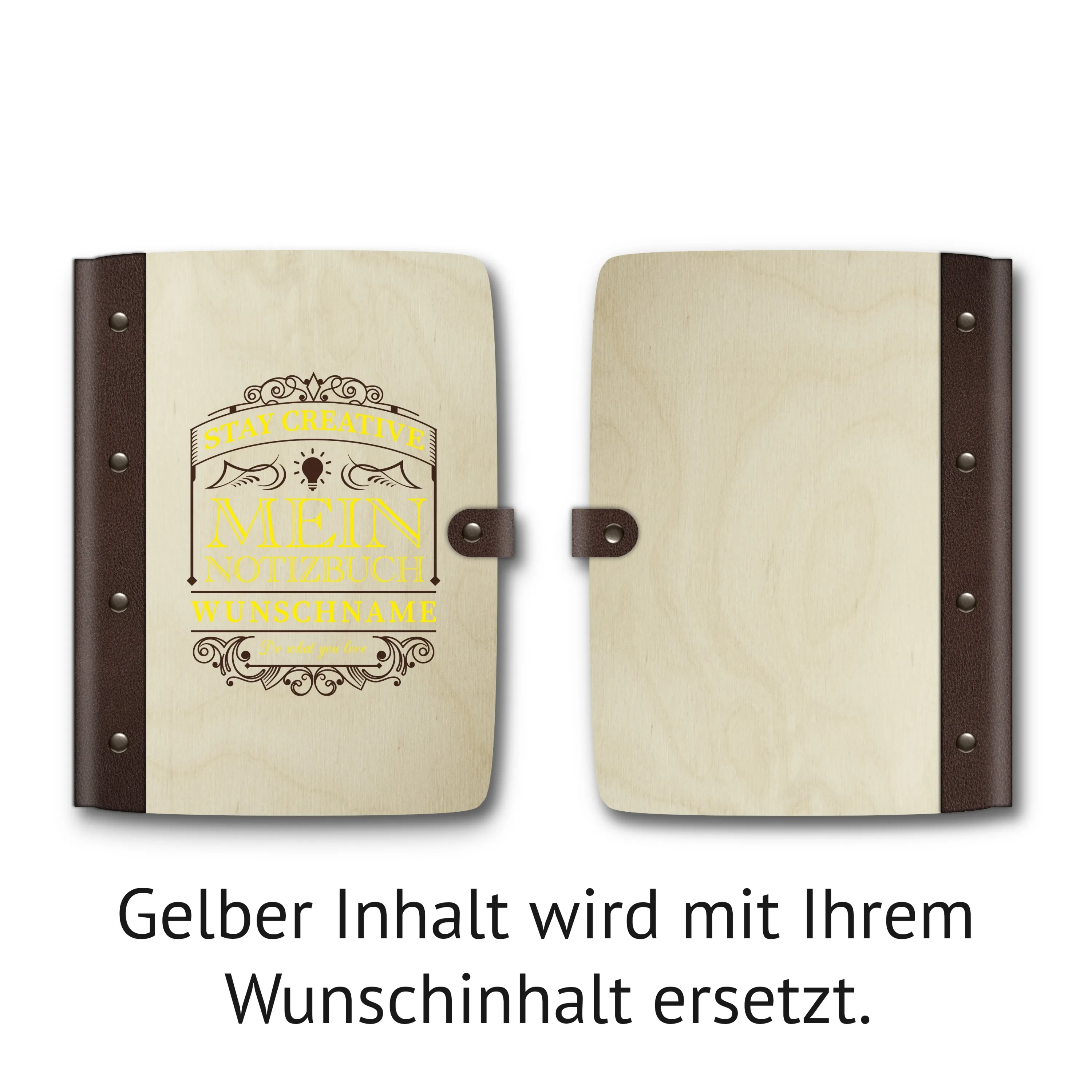 Personalisiertes Notizbuch Birkensperrholz mit Lederrücken - Stay Creative