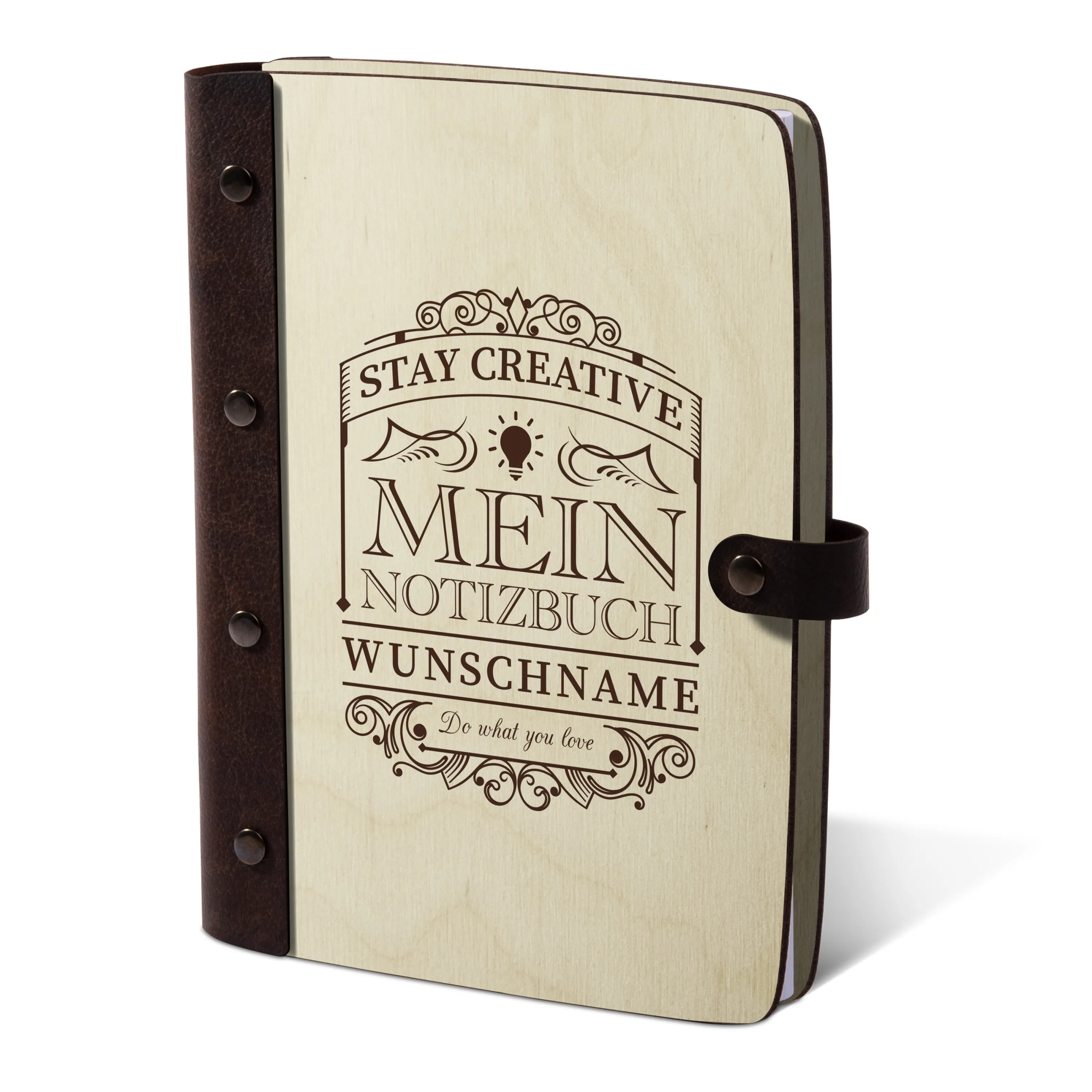 Personalisiertes Notizbuch Birkensperrholz mit Lederrücken - Stay Creative