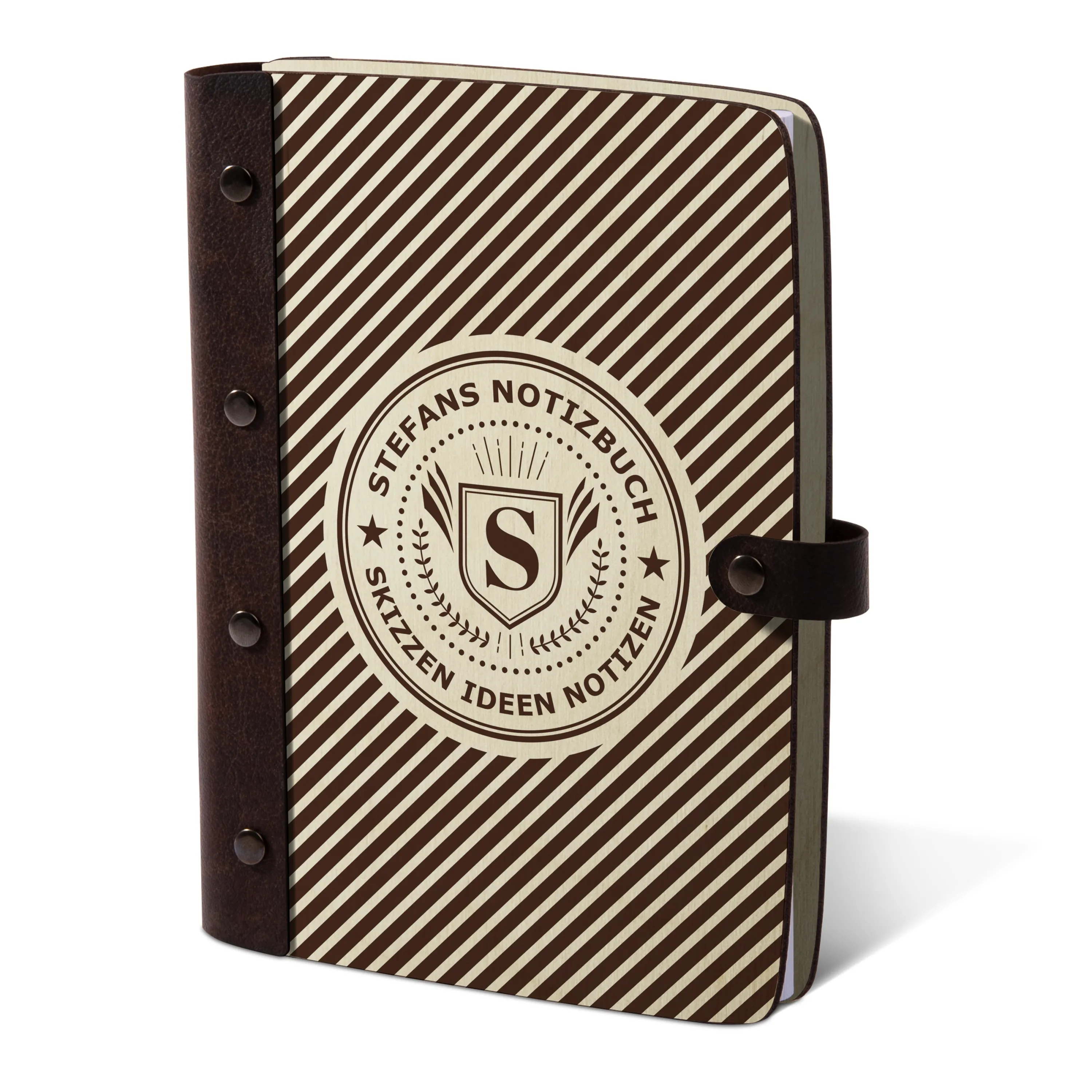 Personalisiertes Notizbuch Birkensperrholz mit Lederrücken - Streifen
