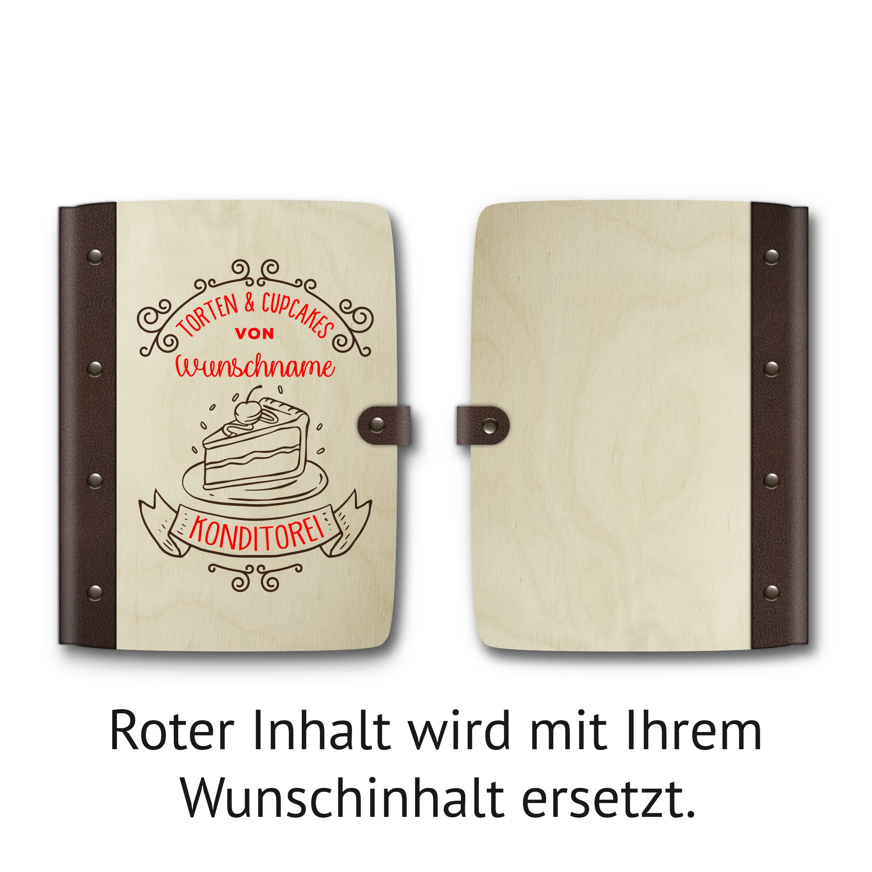 Personalisiertes Notizbuch Birkensperrholz mit Lederrücken - Tortenbuch