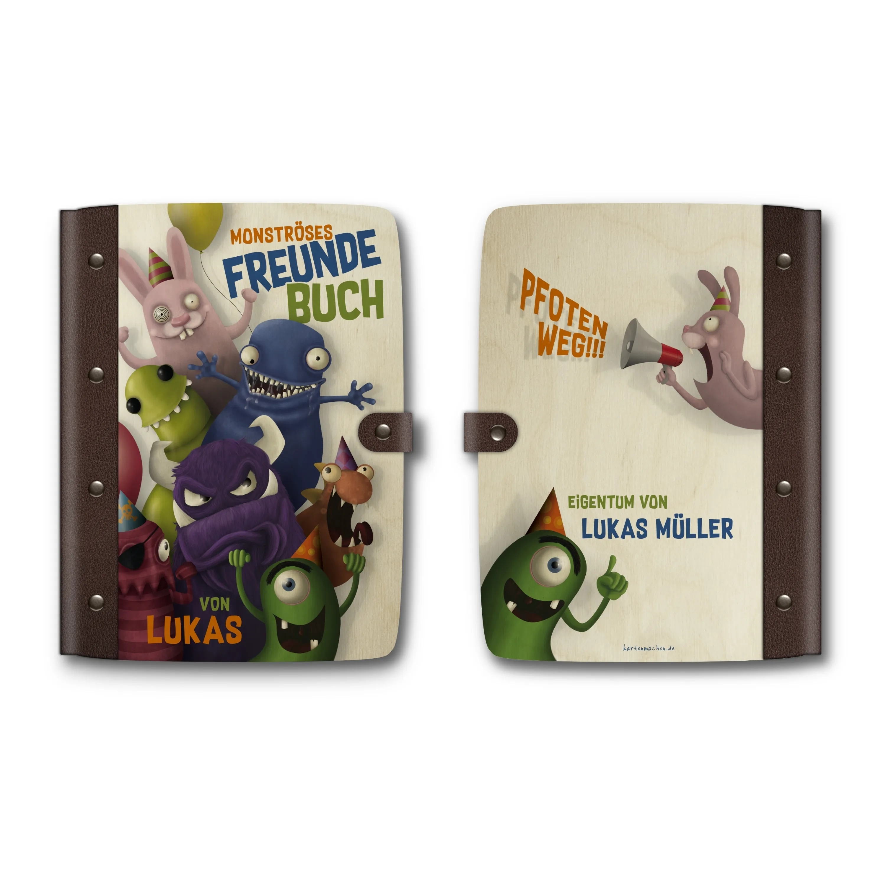 Personalisiertes Notizbuch / Tagebuch Birkensperrholz für Kinder - Monster Freundebuch